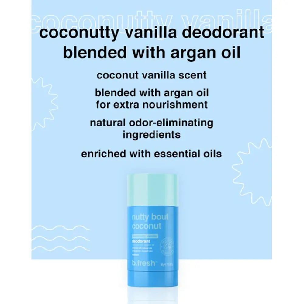Testo con informazioni sul prodotto e un deodorante blu. Scritta: "coconutty vanilla deodorant".