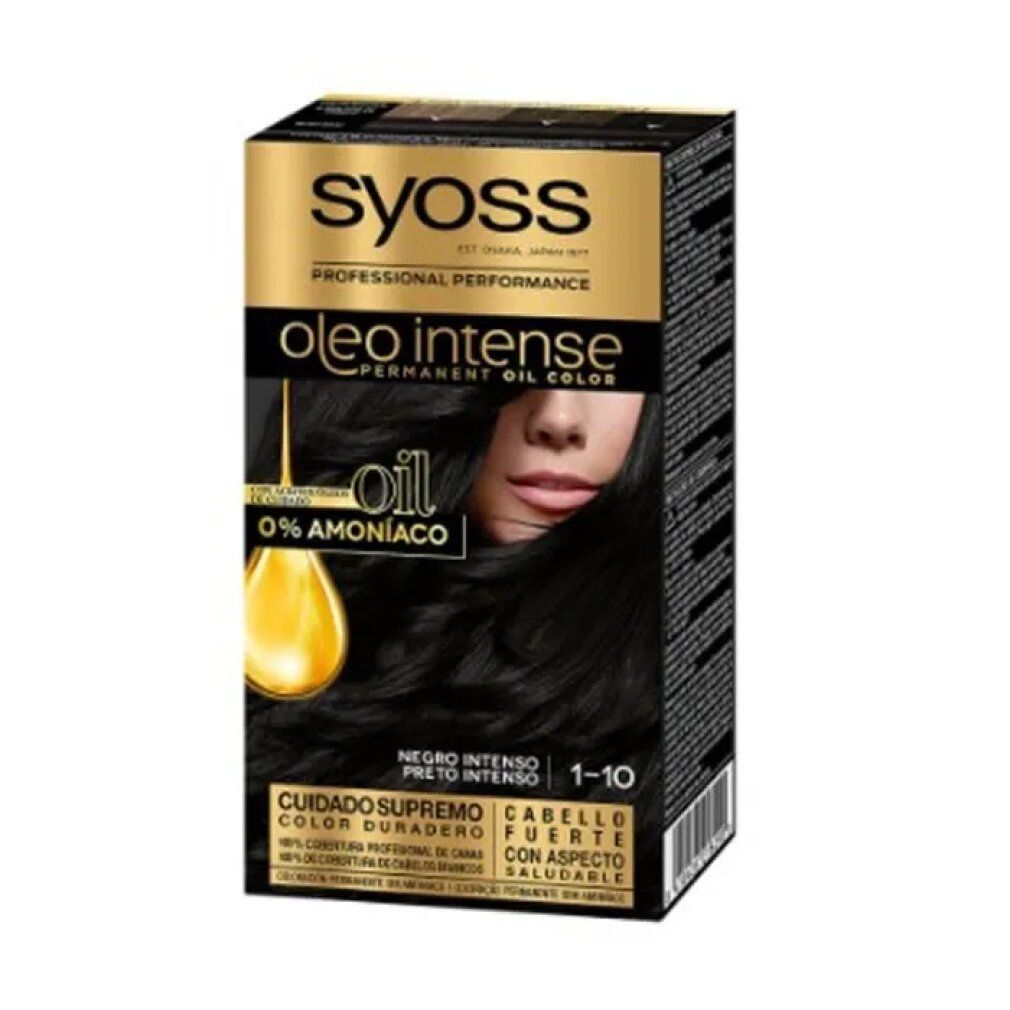 Syoss Oleo Intense 1-10, tinta per capelli nera. Confezione con immagine e testo. 0% ammoniaca.