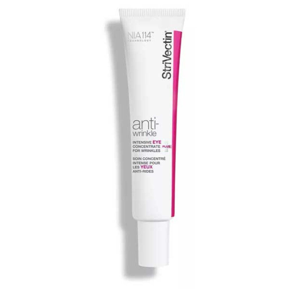 Tubo bianco allungato con dettagli rosa. Scritta: StriVectin, Anti-Wrinkle, Intensive Eye Concentrate.