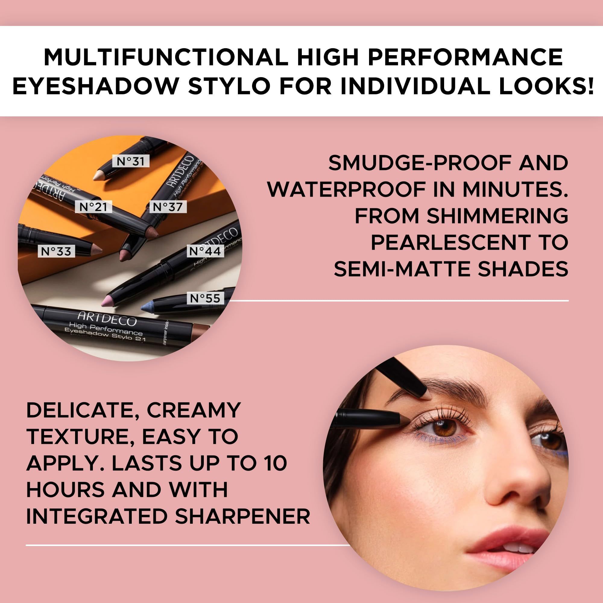 Pubblicità per lo stilo ombretto. Testo: Multifunzionale, resistente all'acqua, vari colori.