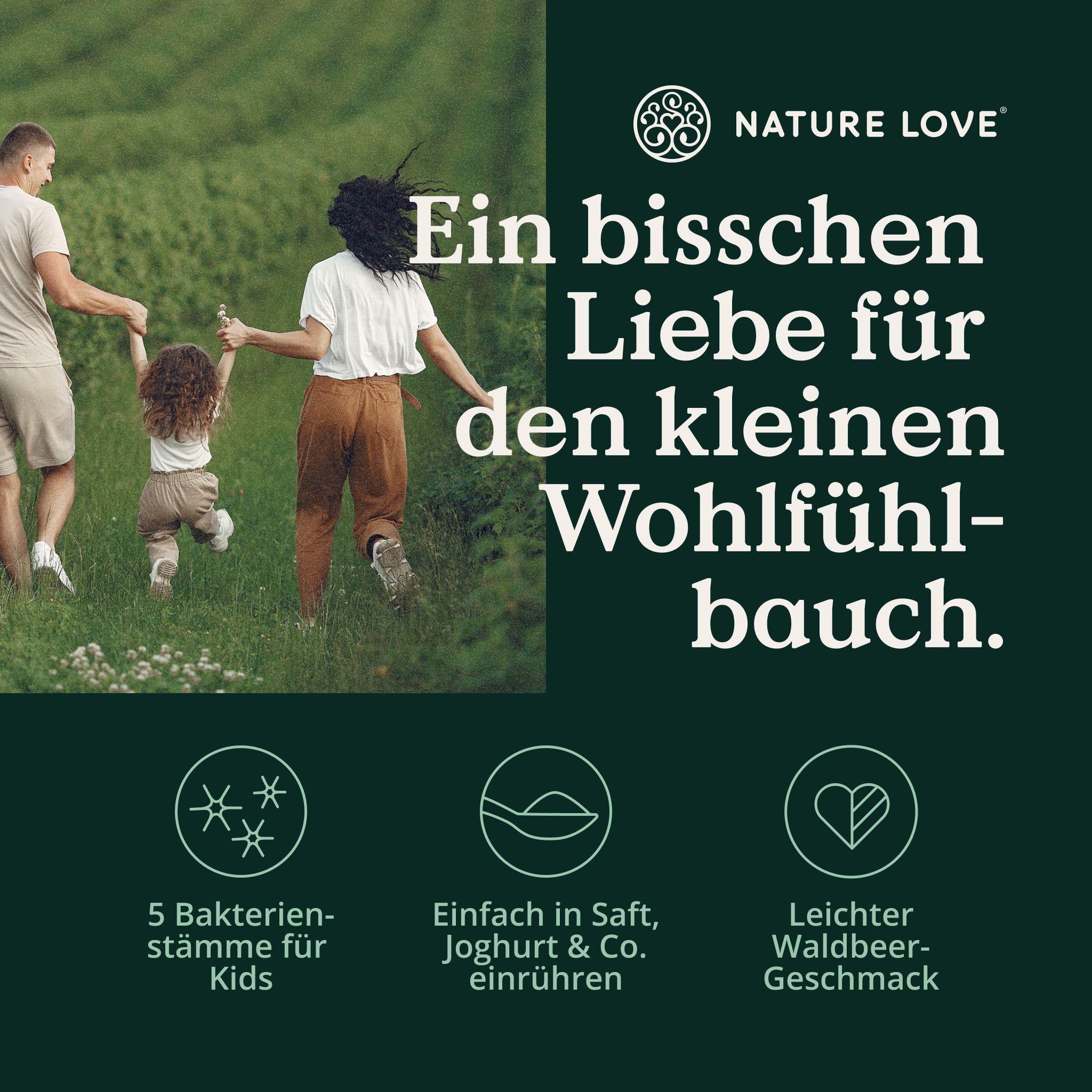 Famiglia nel verde, con testo: Un po' d'amore per il pancino del benessere.