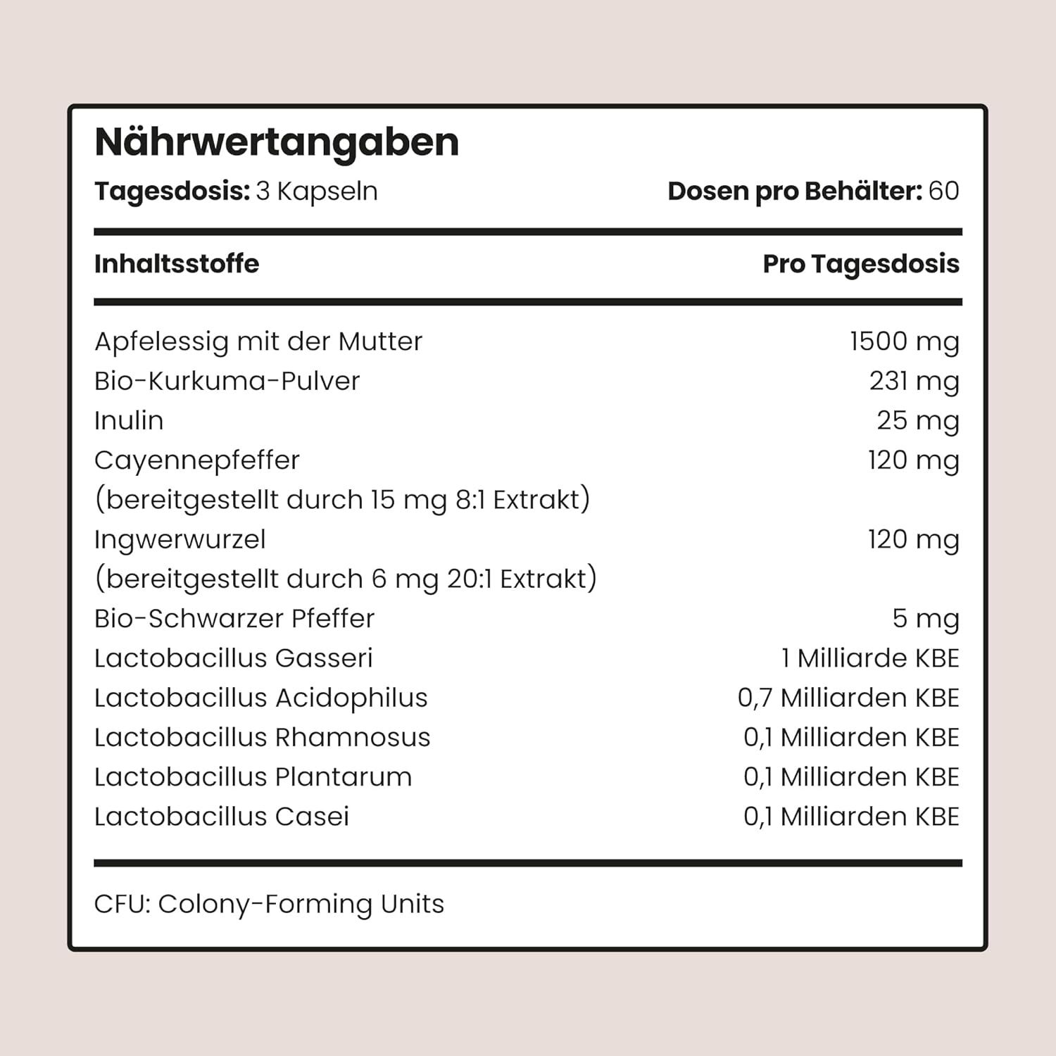 Informazioni nutrizionali: Aceto di mele, curcuma, inulina, pepe di Cayenna, zenzero, pepe nero bio, lattobacilli. Per dose giornaliera.