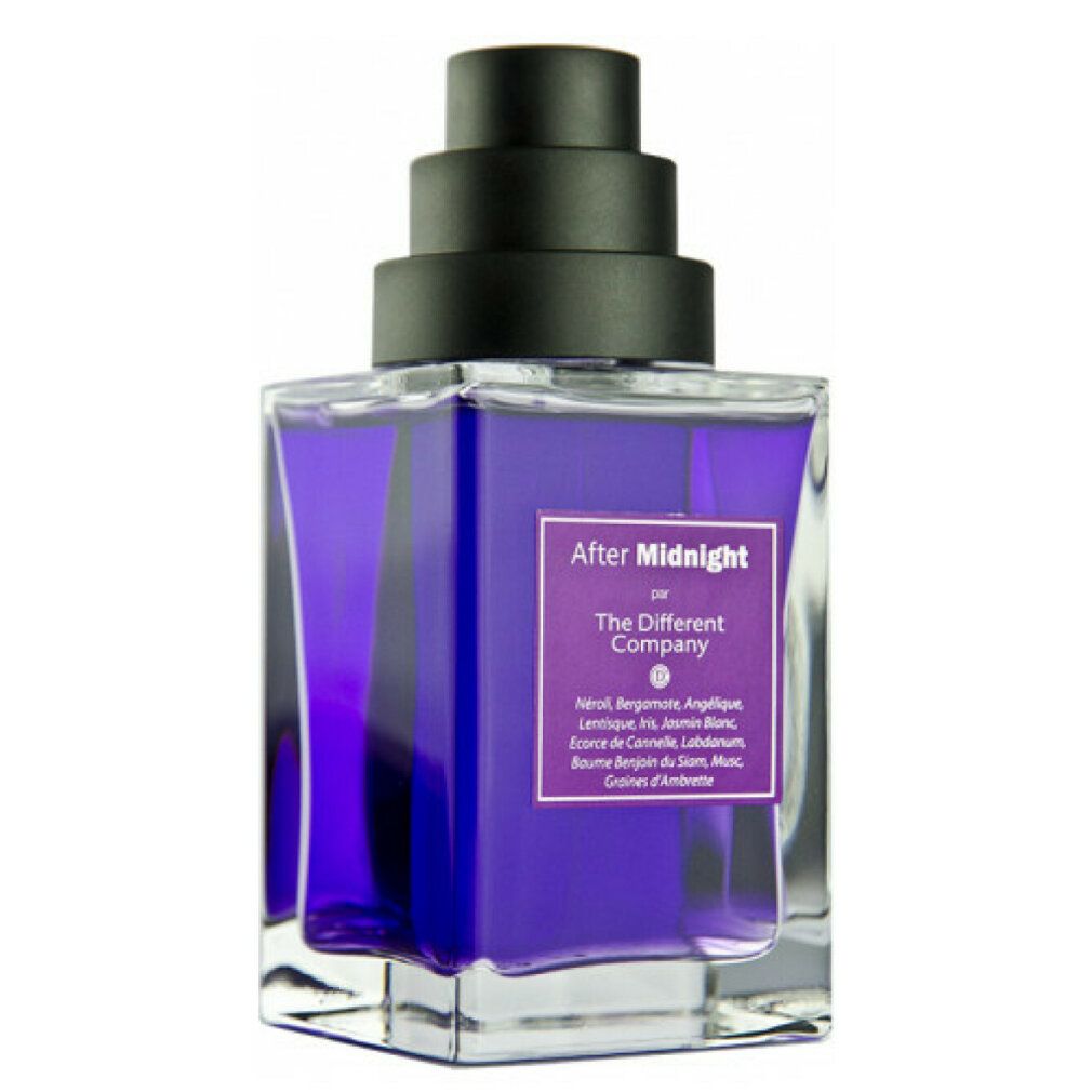 Flacone quadrato, liquido viola. Tappo nero. Testo: After Midnight, ingredienti, The Different Company.