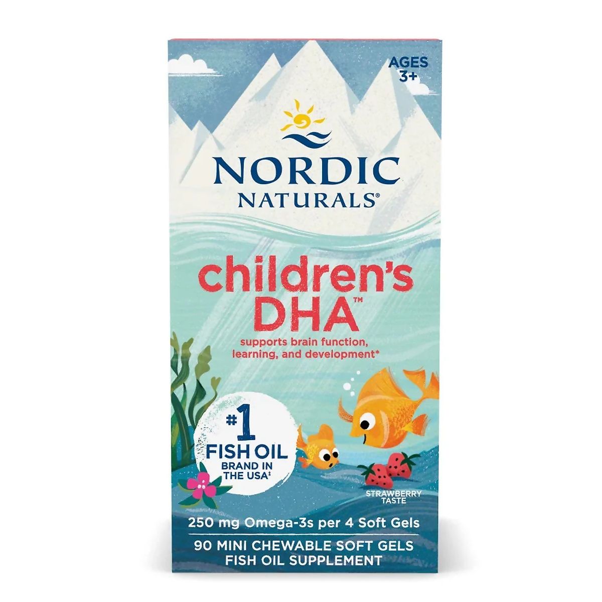 Fronte di una confezione NORDIC NATURALS Children's DHA con motivo di montagna e mare, pesci e fragole.