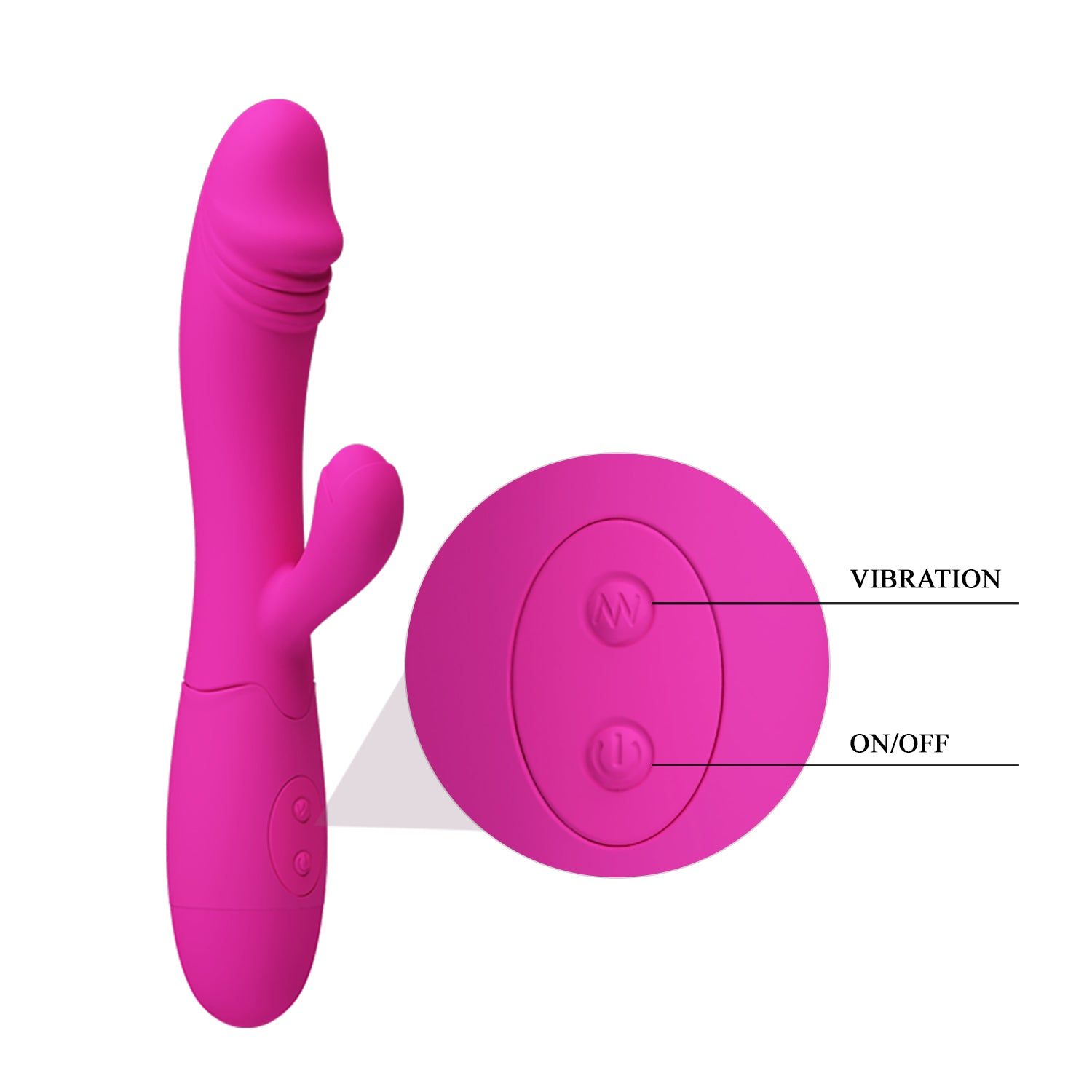 Vibratore rosa con due pulsanti. Etichette: Vibrazione, On/Off. Con parte curva e un elemento più piccolo.