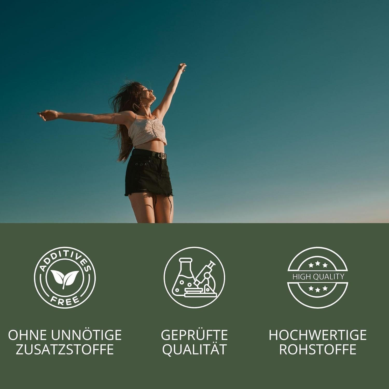 Testo: Ohne unnötige Zusatzstoffe, Geprüfte Qualität, Hochwertige Rohstoffe. Logo: Additives Free.