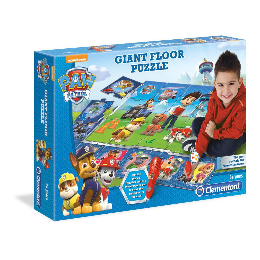 Scatola puzzle Paw Patrol. Ragazzo seduto accanto. Testo: Giant Floor Puzzle. Logo Clementoni. Con penna interattiva.