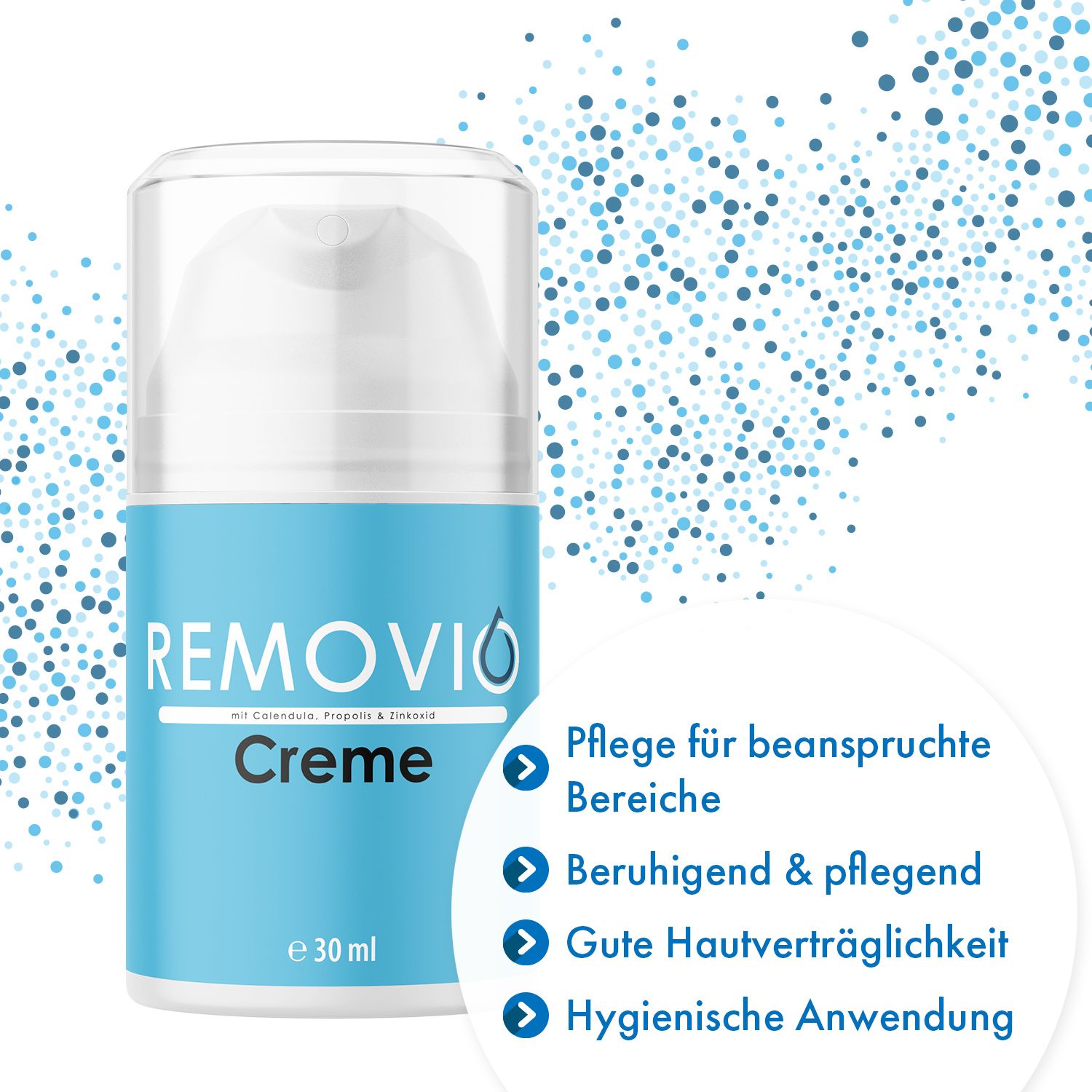 Flacone crema blu e bianco. Scritta: Removio Creme. Con Calendula, Propolis e Zinco. Caratteristiche: cura, lenitivo, buona tolleranza cutanea.
