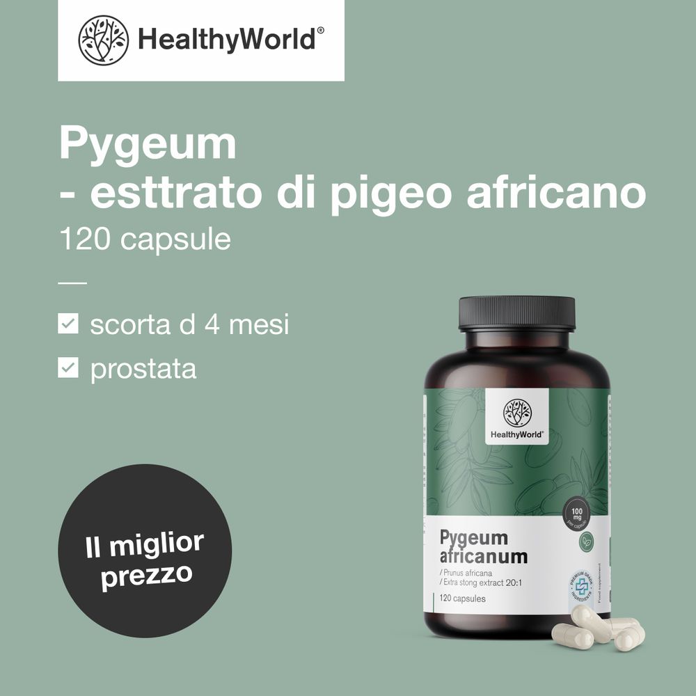 Pubblicità del prodotto. Flacone con capsule, testo: Pygeum – estratto di pigeo africano, 120 capsule. Testo: prostata.