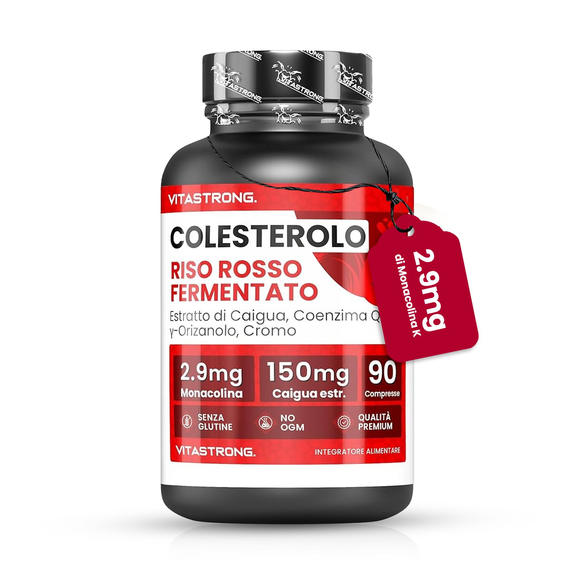 Flacone nero con etichetta rossa. Contiene 90 compresse. Testo: Vitastrong, Colesterolo, Riso Rosso Fermentato.