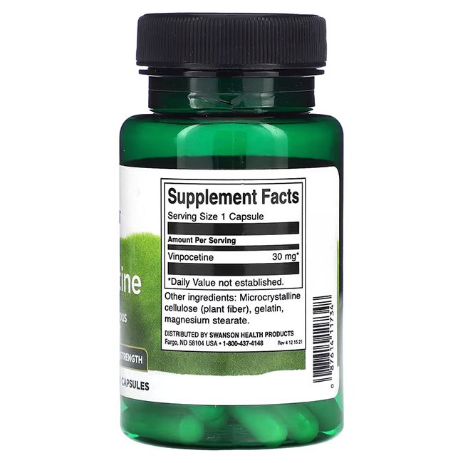 Flacone verde con tappo nero. Retro con informazioni nutrizionali. Contiene Vinpocetina 30 mg. Elenco ingredienti.