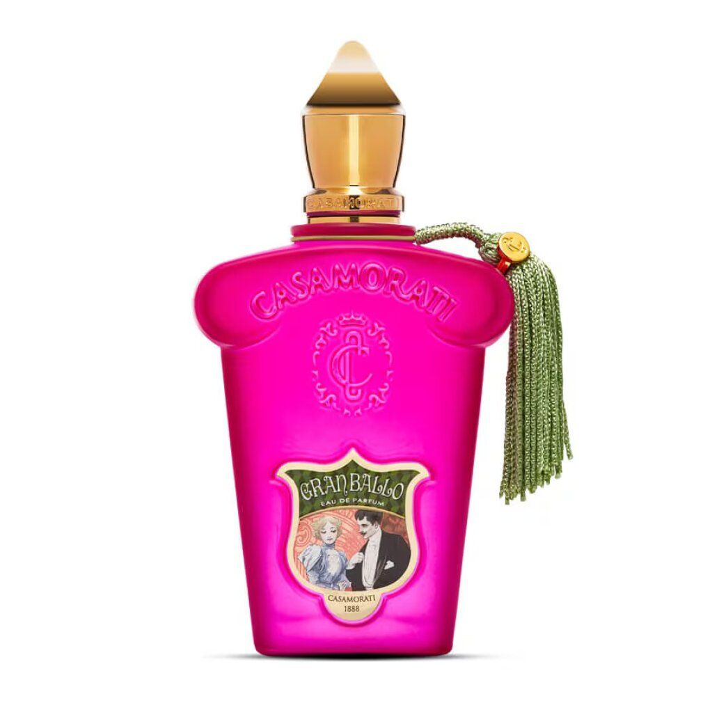 Flacone rosa con tappo dorato e nappa. Testo: Casamorati, Gran Ballo, Eau de Parfum.