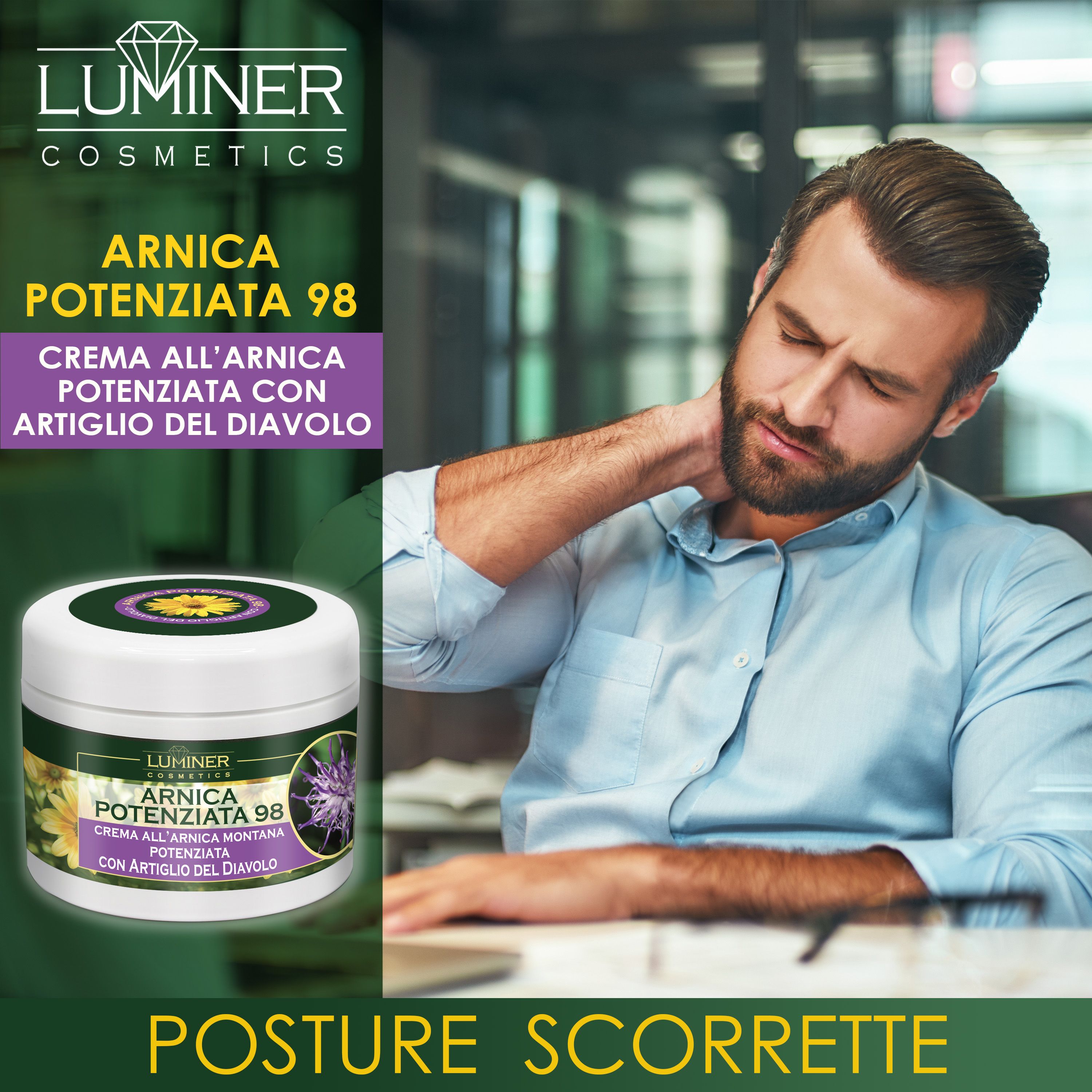 Uomo con dolore al collo alla scrivania. Accanto, un vasetto di LUMINER ARNICA POTENZIATA 98.