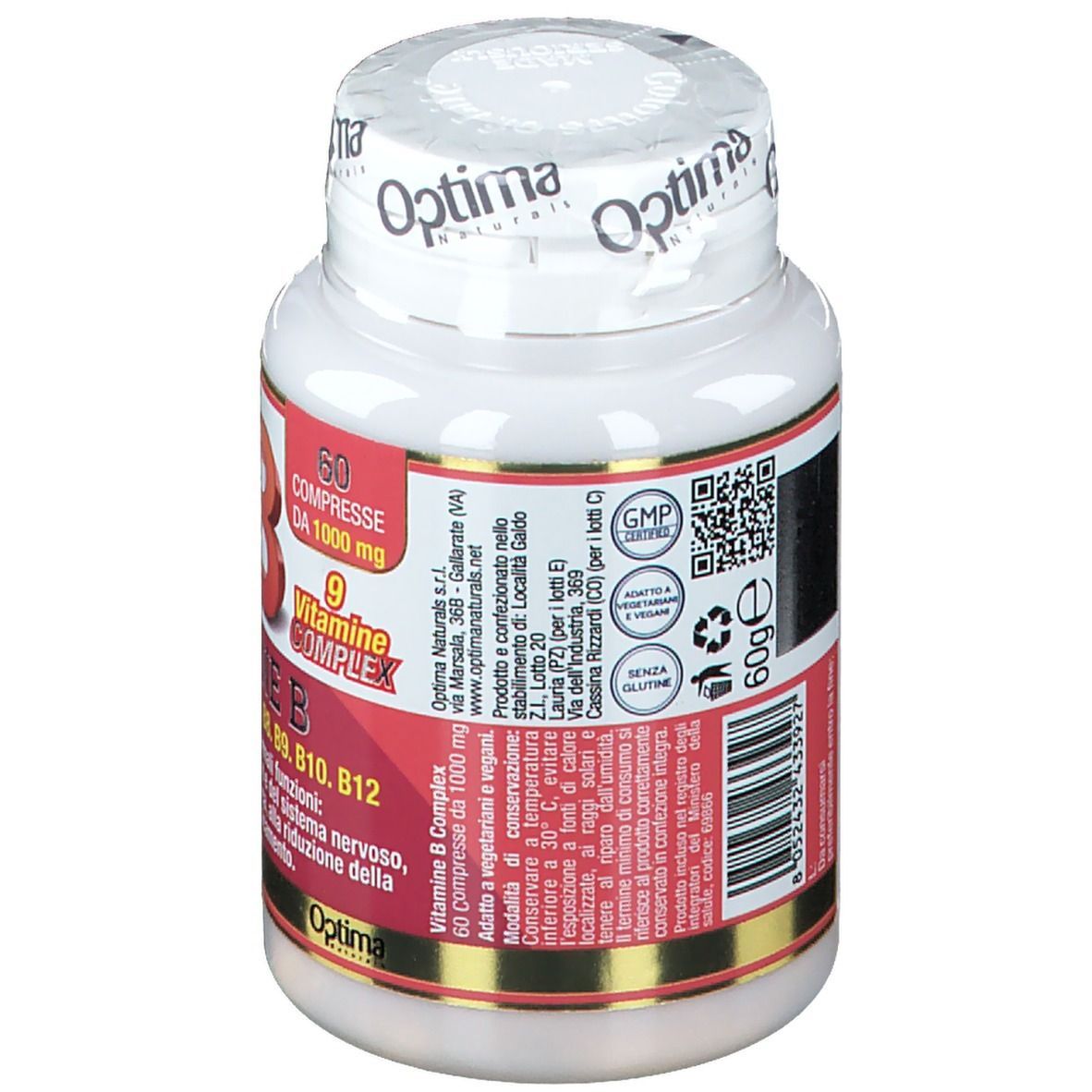Flacone bianco con etichetta rossa. Scritta: Vitamina B Komplex. 60 compresse, 1000 mg. Marchio: Colours of Life.
