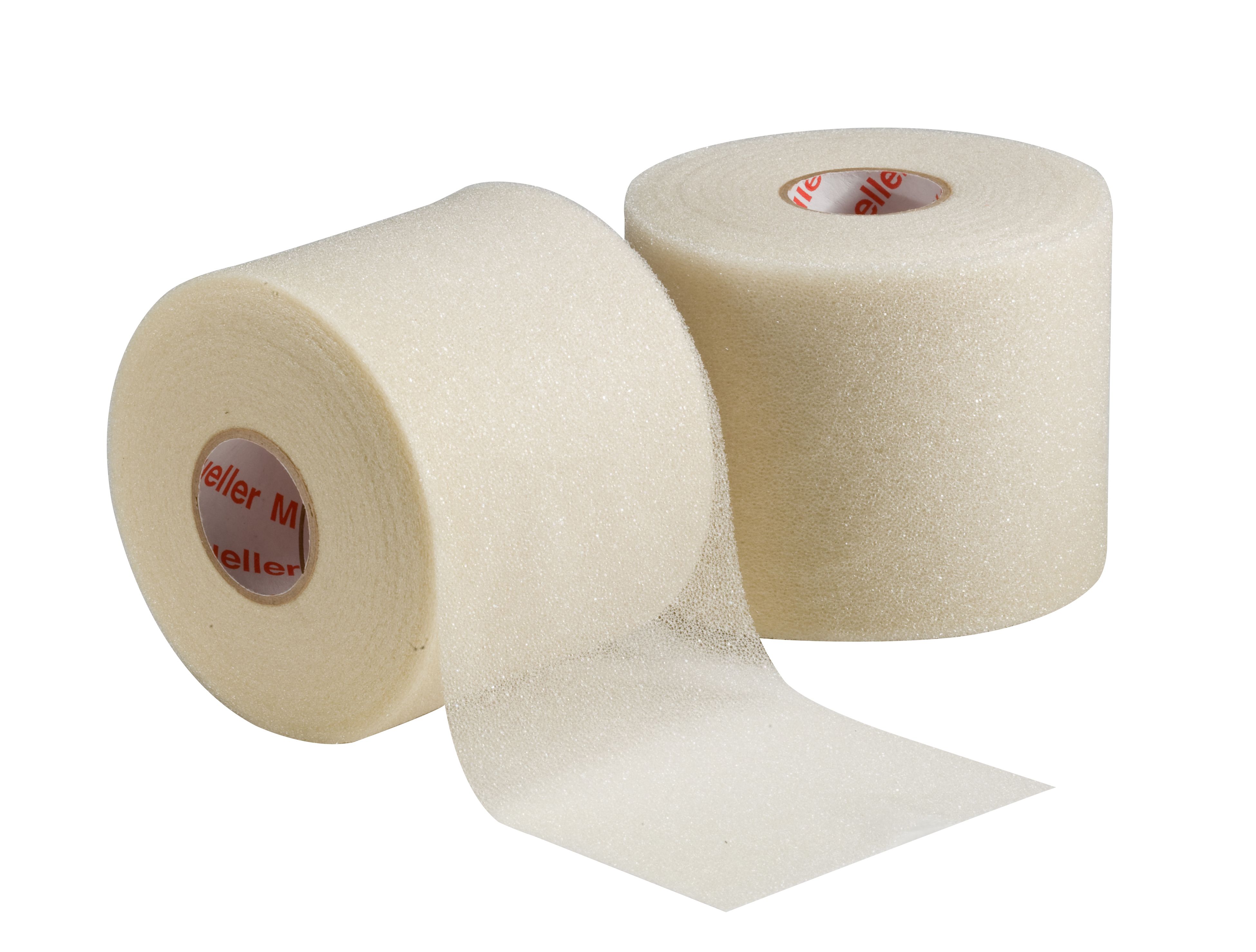 Due rotoli di nastro M-Wrap color crema. Il nastro è arrotolato e parzialmente srotolato.