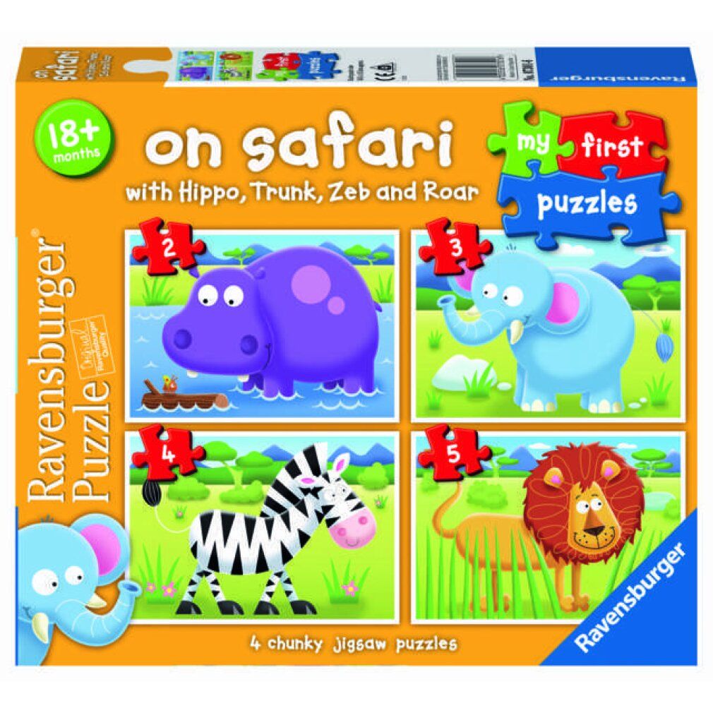 Puzzle Ravensburger. Scritta "on safari" e "my first puzzles". Quattro puzzle con animali: ippopotamo, elefante, zebra, leone.