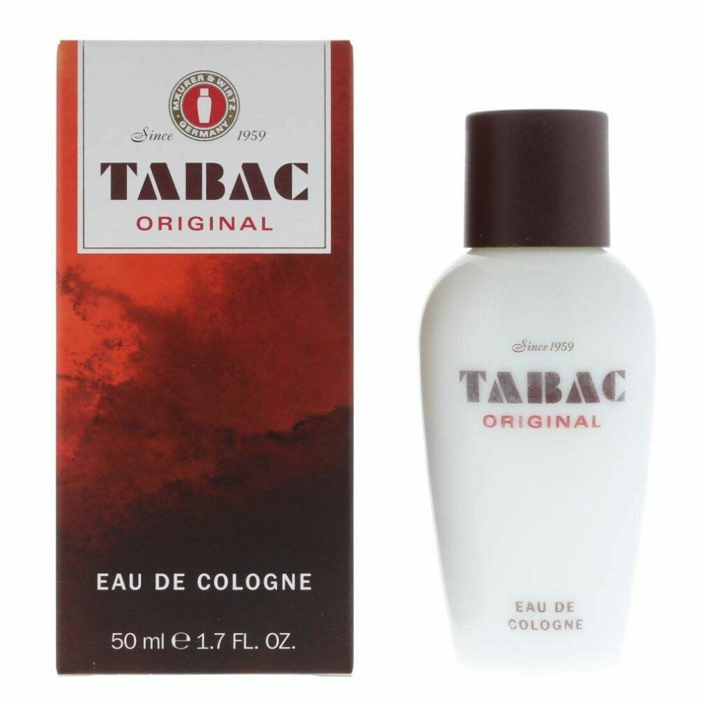 Flacone e confezione. Flacone: bianco, tappo marrone. Confezione: rossa, scritta bianca: TABAC ORIGINAL, Eau de Cologne.