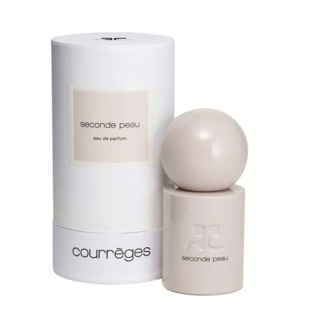 Flacone di profumo beige con tappo sferico e confezione cilindrica. Scritta: Seconde Peau, Courrèges.