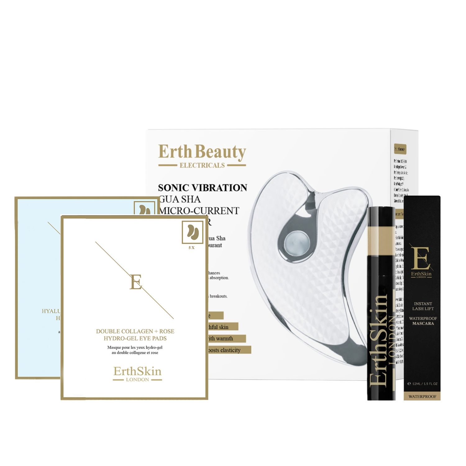Set per occhi con patch, mascara, strumento Gua Sha e scatola. Strumento Gua Sha in metallo. Tubo e scatola di mascara.