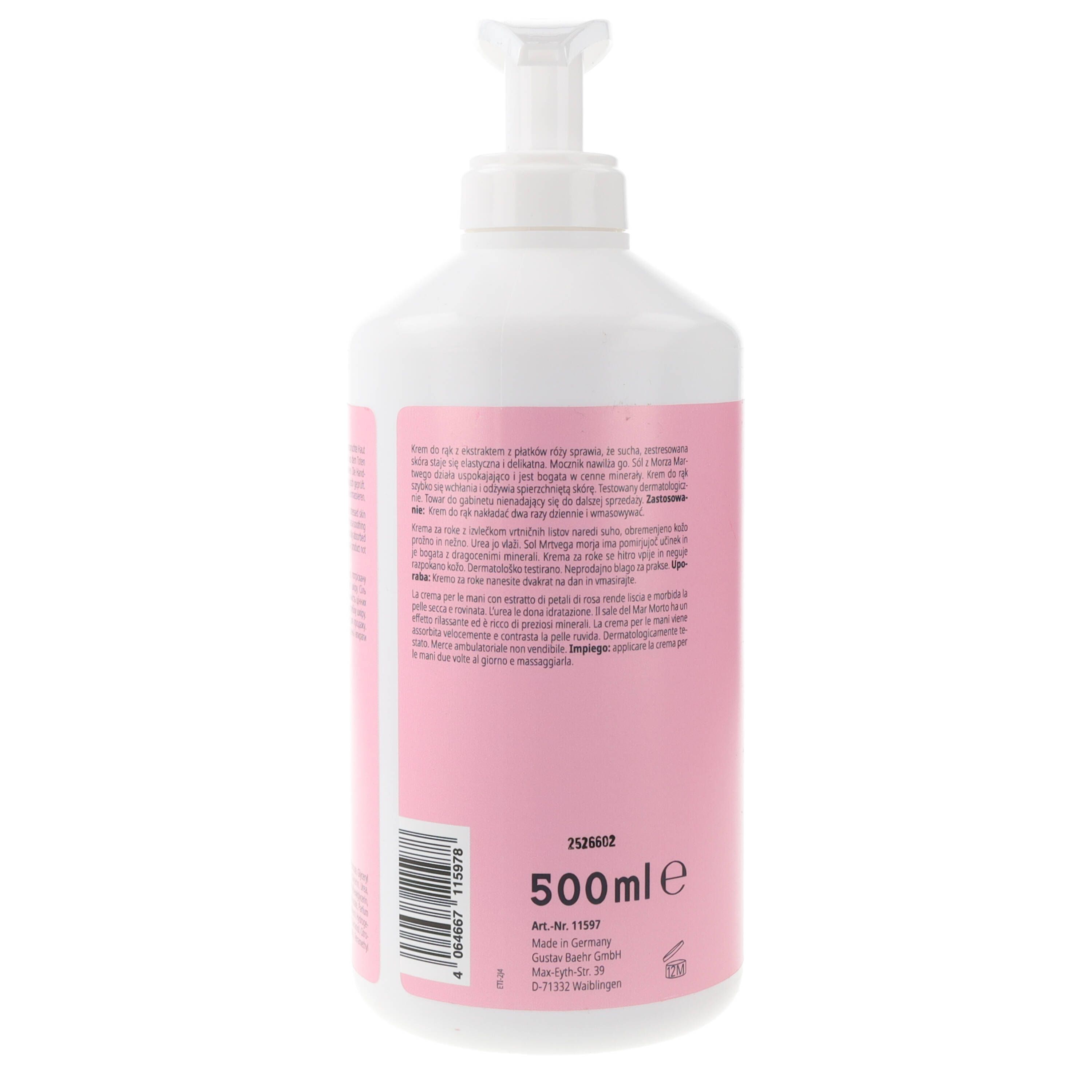 Flacone bianco con etichetta rosa e pompa. Vista posteriore con testo e indicazione del volume: 500ml.