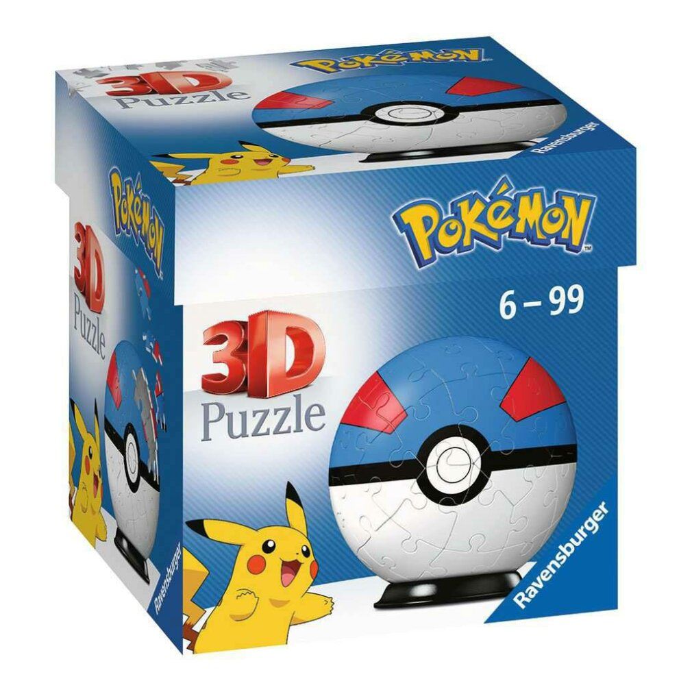 Confezione per puzzle 3D. Logo Pokémon, scritta puzzle 3D, età consigliata 6-99. Illustrazione Pikachu.