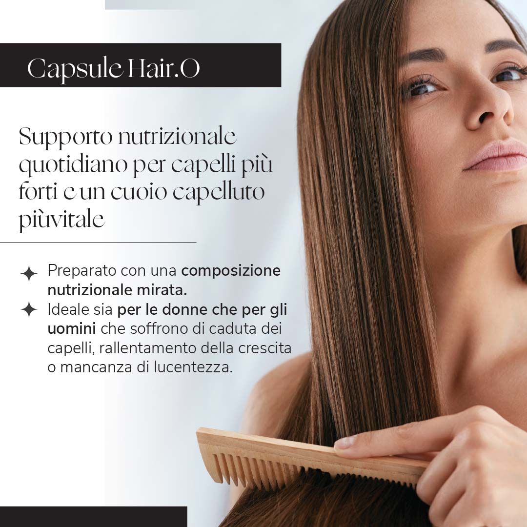 Testo: Supporto nutrizionale quotidiano per capelli più forti. Donna che si pettina con un pettine di legno.