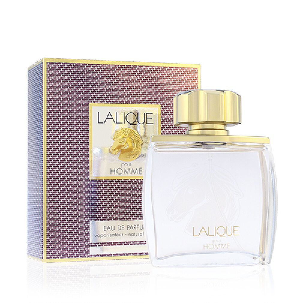 Flacone in vetro e confezione. Flacone con rilievo di testa di cavallo. Confezione con logo e scritta "LALIQUE pour HOMME".