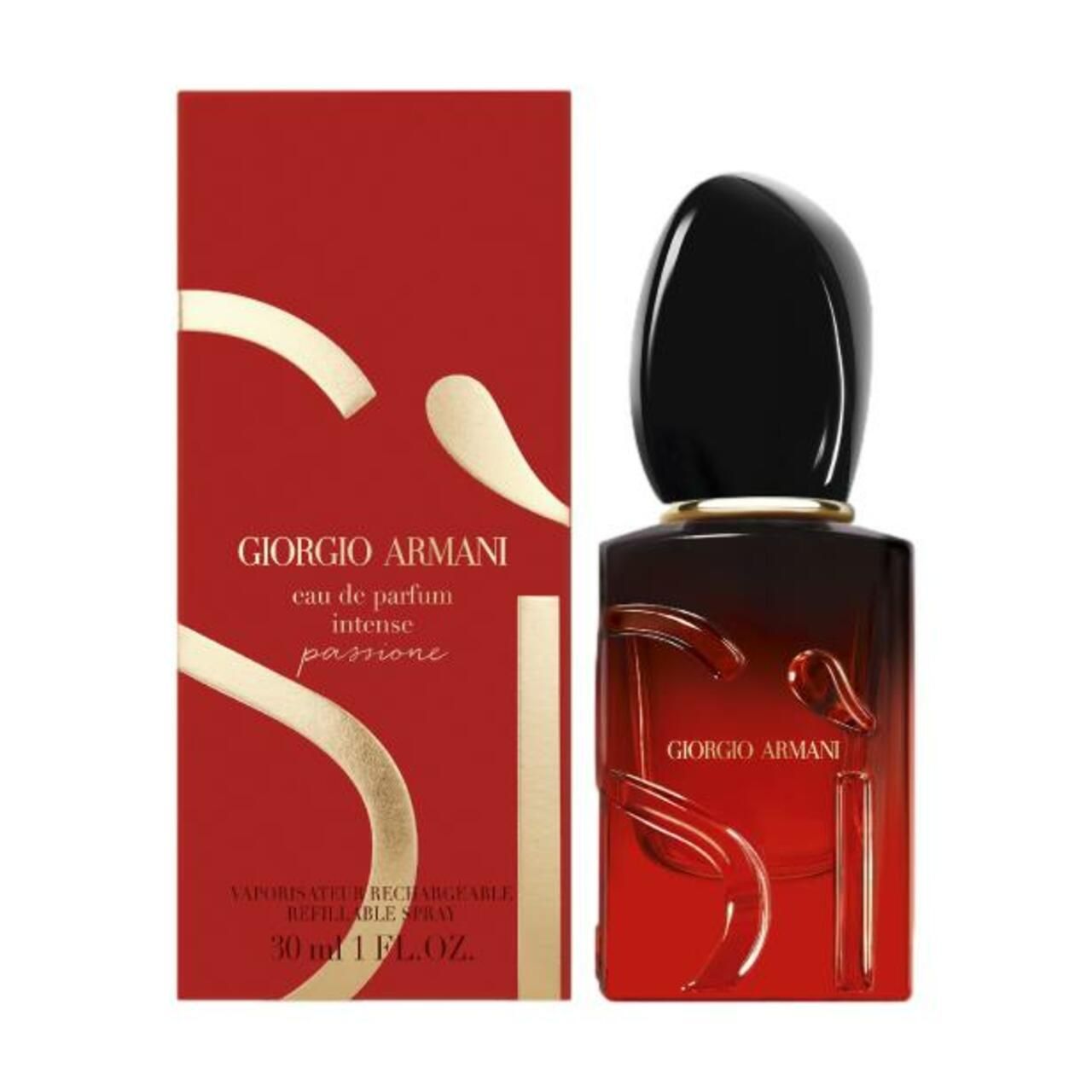 Flacone e confezione rossi Giorgio Armani Sì Passione Intense Eau de Parfum. Tappo nero. 30 ml.