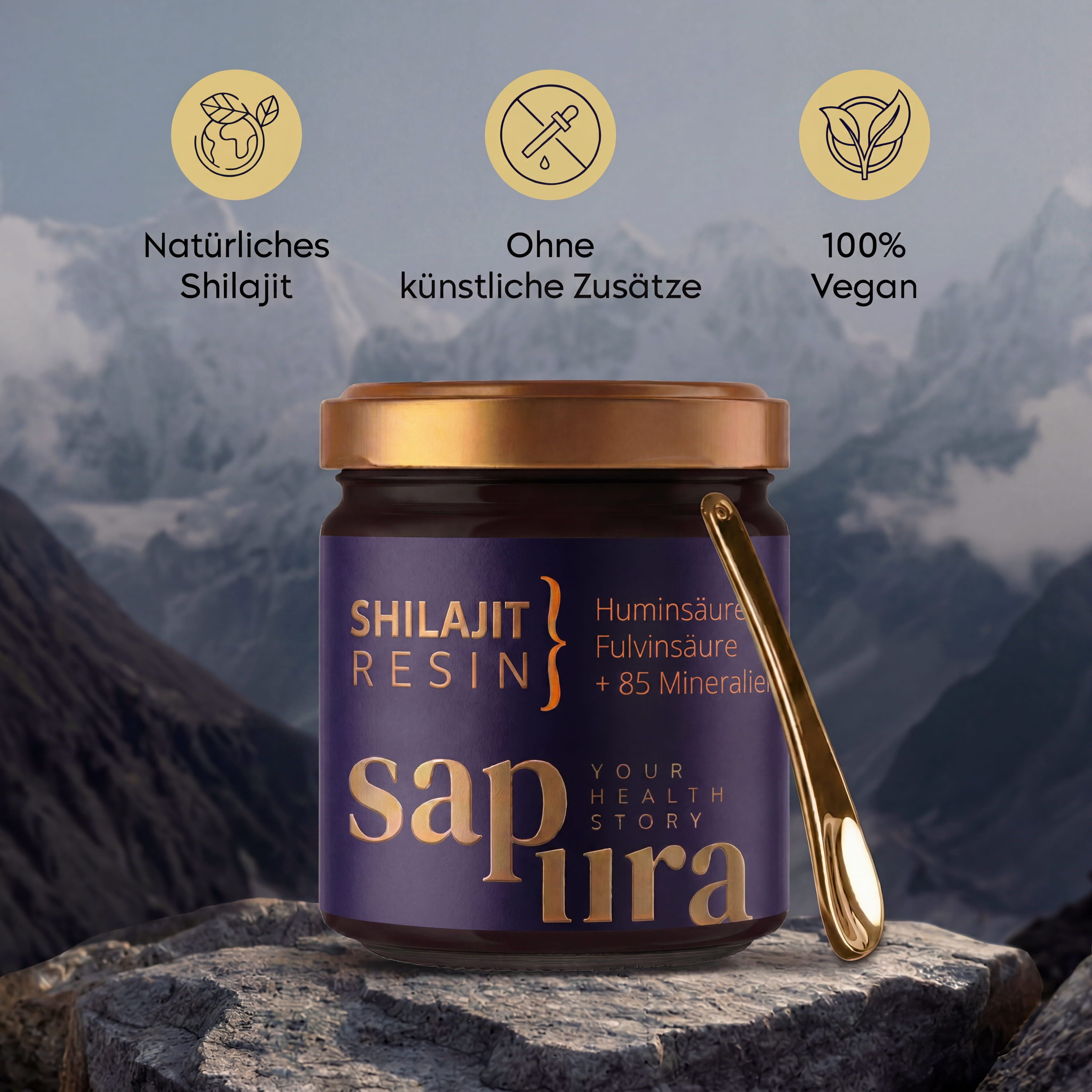 Resina di Shilajit in barattolo su rocce. Icone: globo, contagocce, foglia. Testo: Naturale, Senza additivi, Vegano.