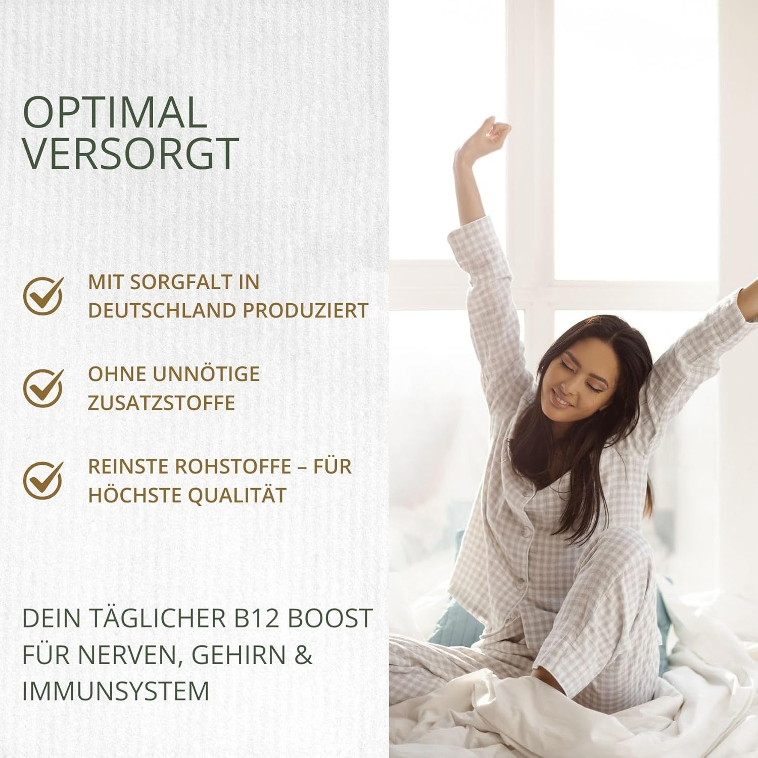 Donna a letto. Testo: Dein täglicher B12 Boost für Nerven, Gehirn & Immunsystem. Testo: Ohne unnötige Zusatzstoffe, Made in Germany.