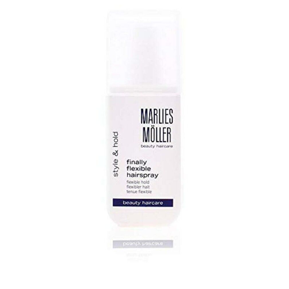 Spray per capelli Marlies Möller Style & Hold. Flacone bianco con tappo bianco. Nome del prodotto e informazioni.