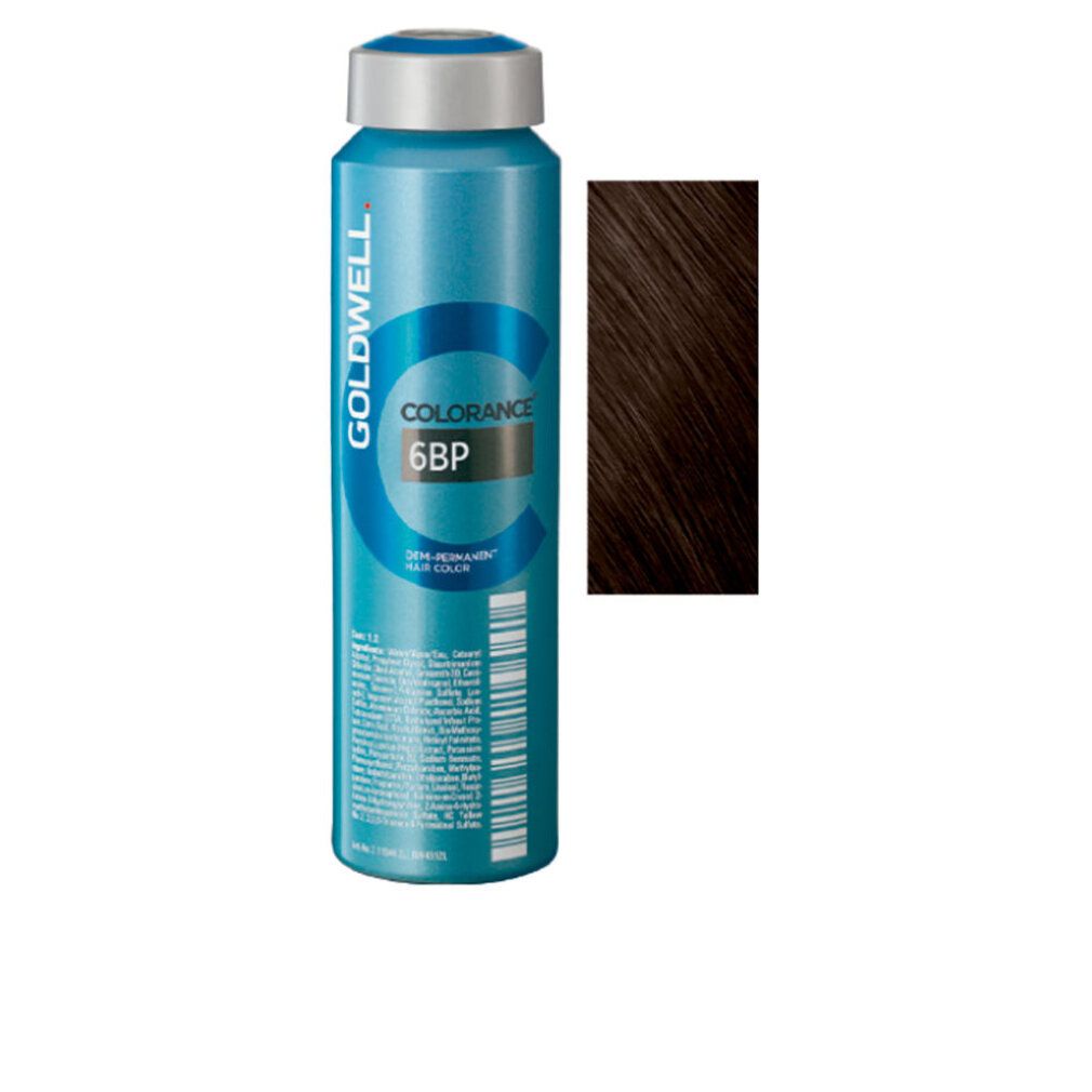 Flacone Goldwell Colorance 6BP blu. Accanto, ciocca di capelli castani. Testo sul flacone.
