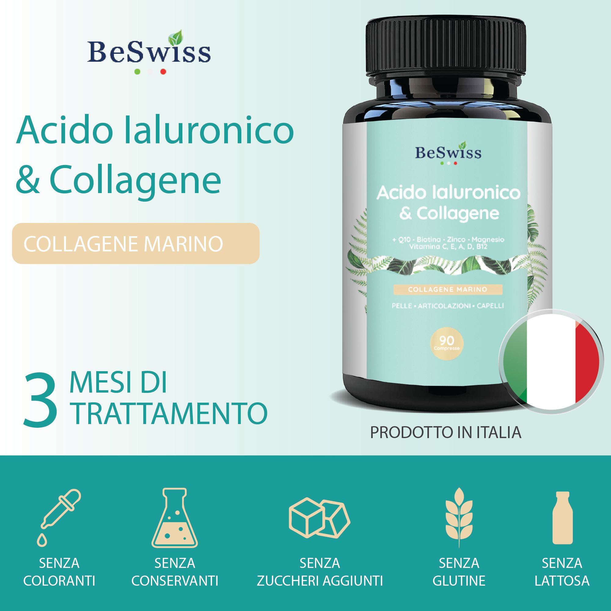 Flacone BeSwiss con capsule. Scritta: Acido Ialuronico & Collagene. Trattamento 3 mesi. Prodotto in Italia. Senza additivi.