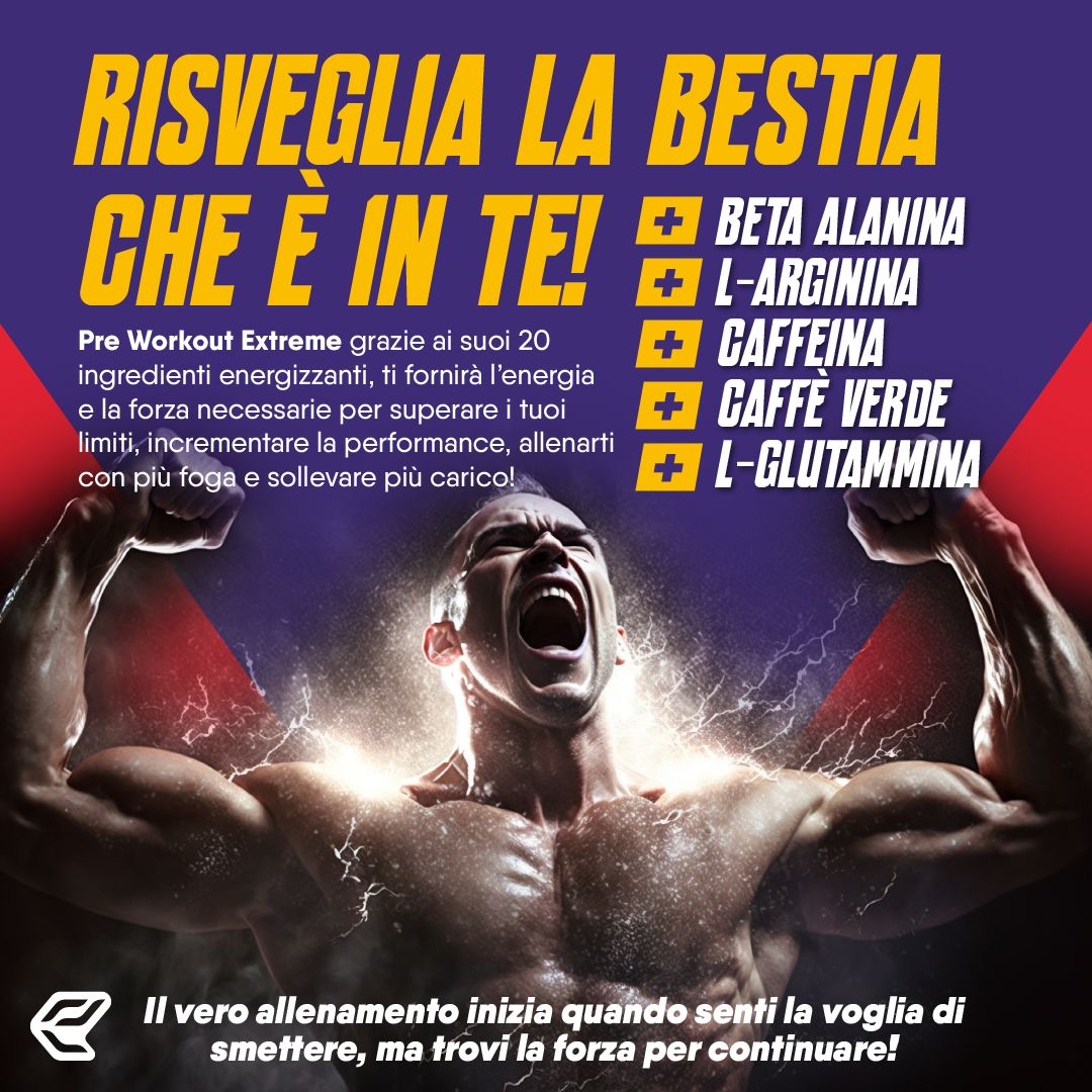 Uomo muscoloso. Testo: Risveglia la bestia che è in te! Ingredienti: Beta Alanina, L-Arginina, Caffeina, Caffè verde, L-Glutammina.