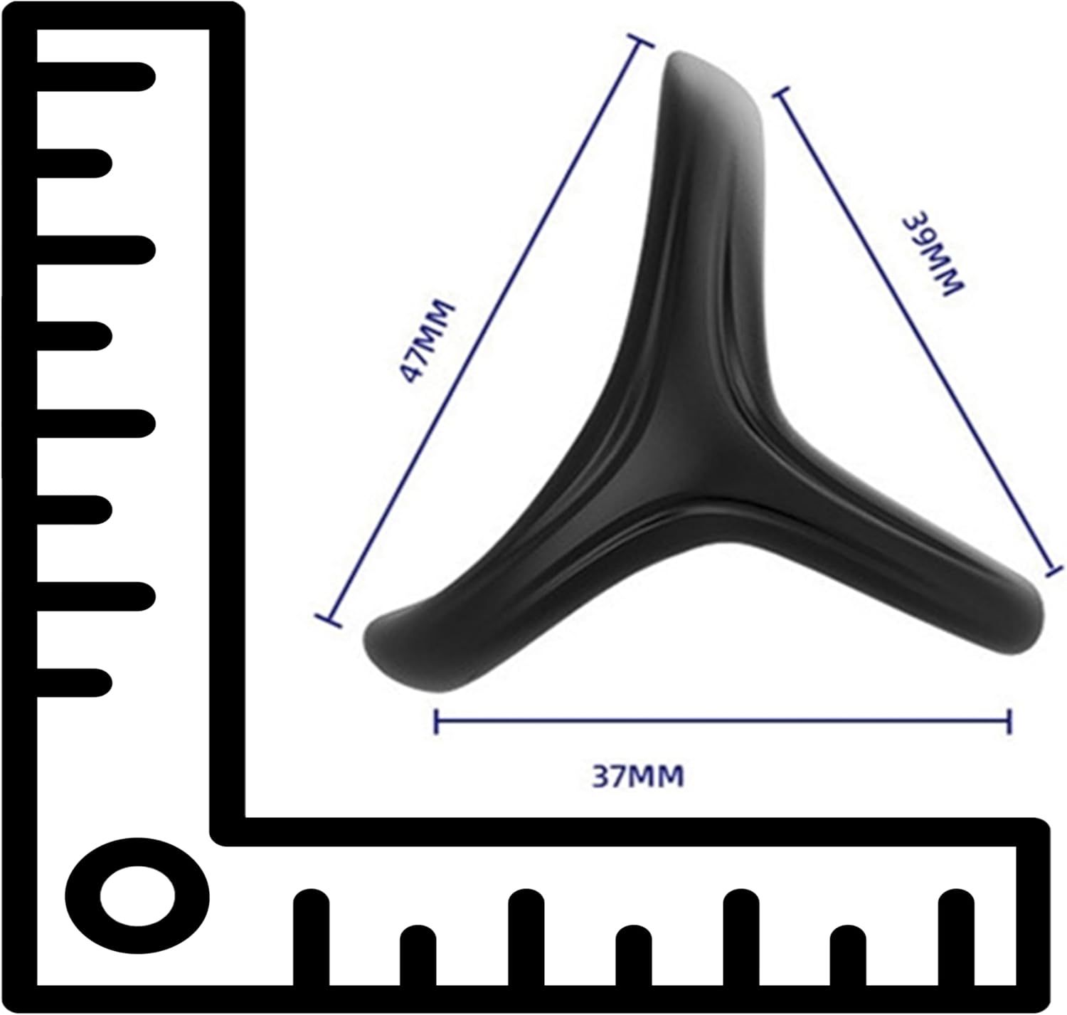 Anello per pene nero con misure. Forma triangolare. Dimensioni: 47mm, 39mm, 37mm.
