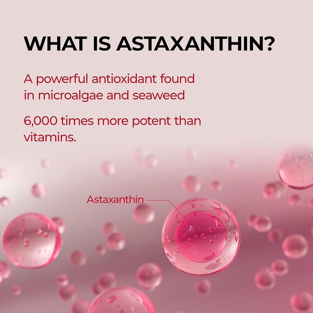 Grafico con testo: Cos'è l'astaxantina? Antiossidante in microalghe e alghe. 6.000 volte più potente delle vitamine. Cellule di astaxantina.