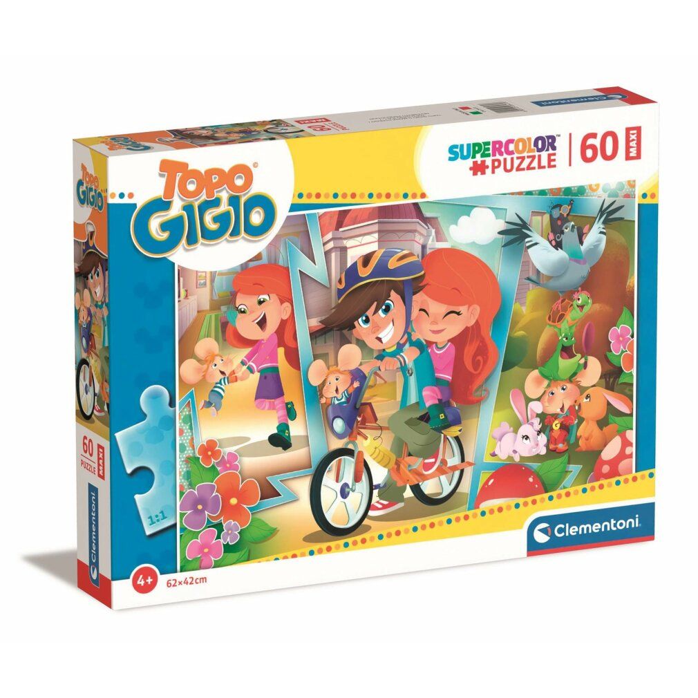 Puzzle Clementoni con Topo Gigio, 60 pezzi. Confezione con bambini in bici, illustrazioni di topi. Puzzle Supercolor.