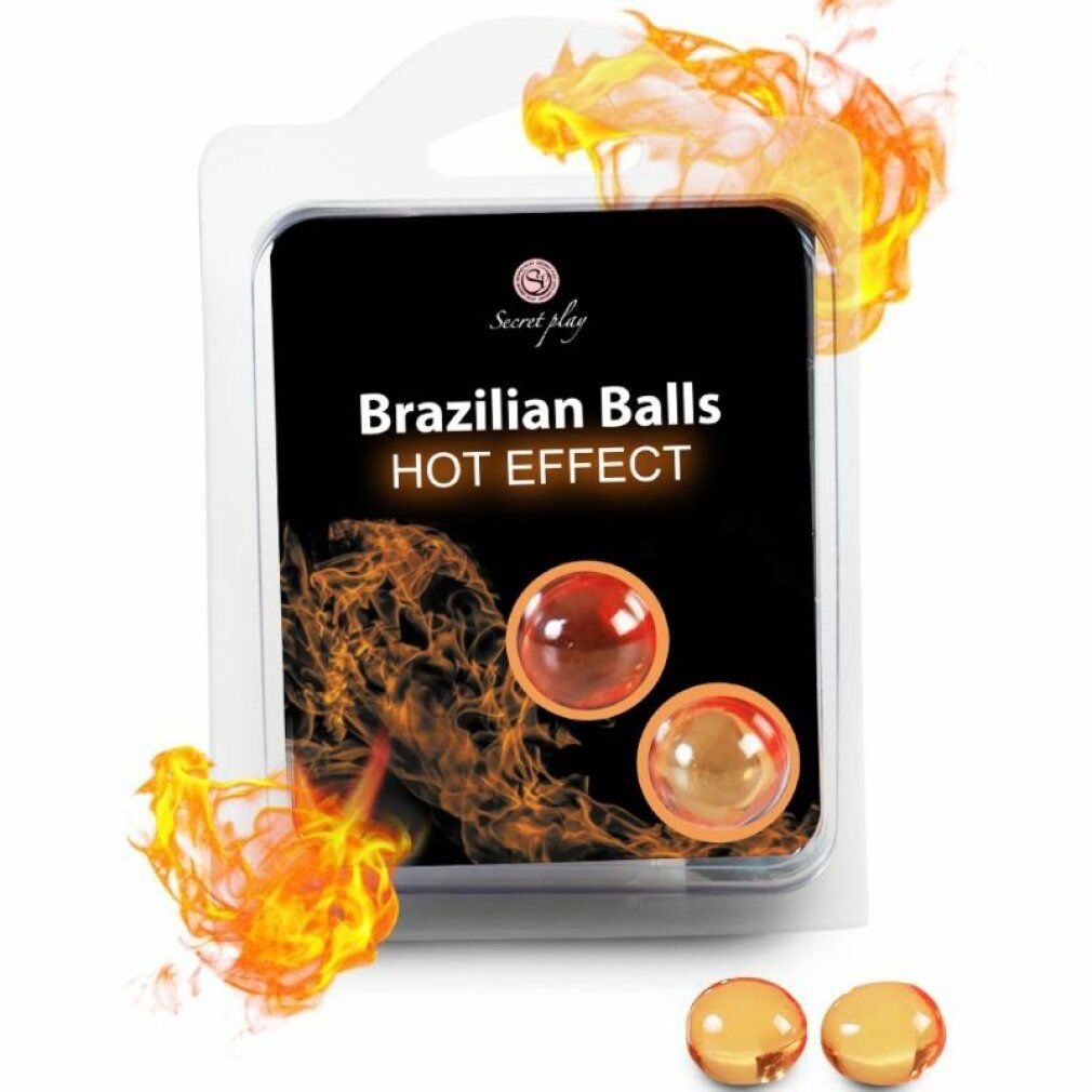 Due sfere in blister. Scritta: Brazilian Balls HOT EFFECT. Grafica fiamme. Due sfere sfuse in basso.