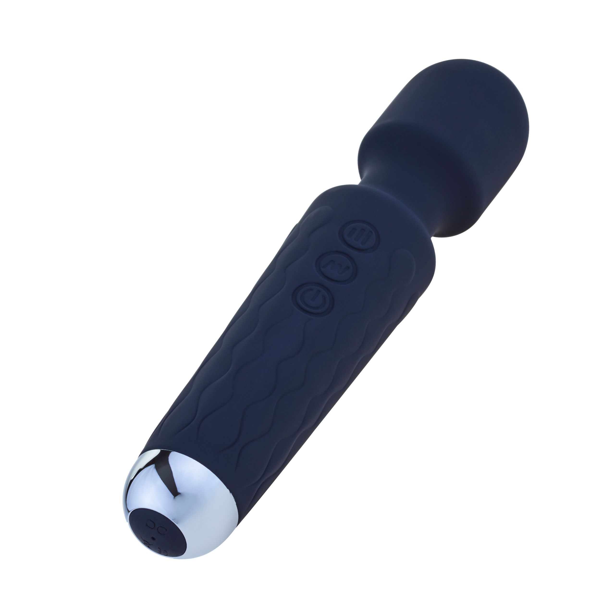 Vibratore blu scuro con texture ondulata e tre pulsanti. Punta argentata. Parte superiore arrotondata.