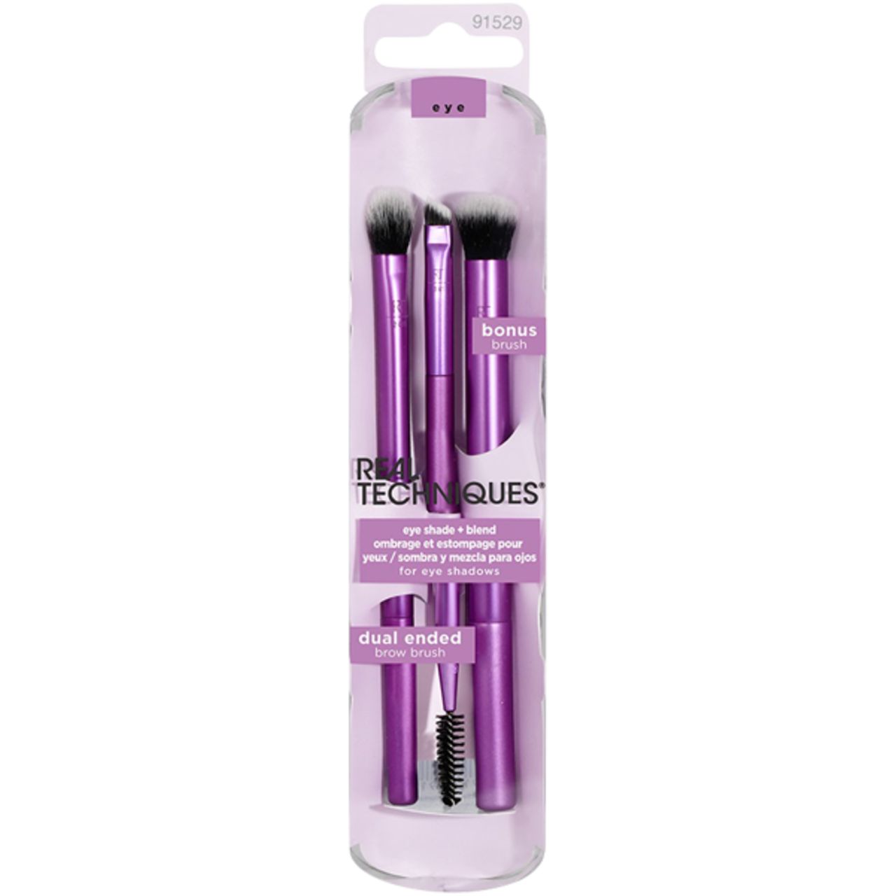 Confezione con set di pennelli per trucco. Contiene pennelli con manici viola e setole nere. Nome del prodotto e marchio visibili.