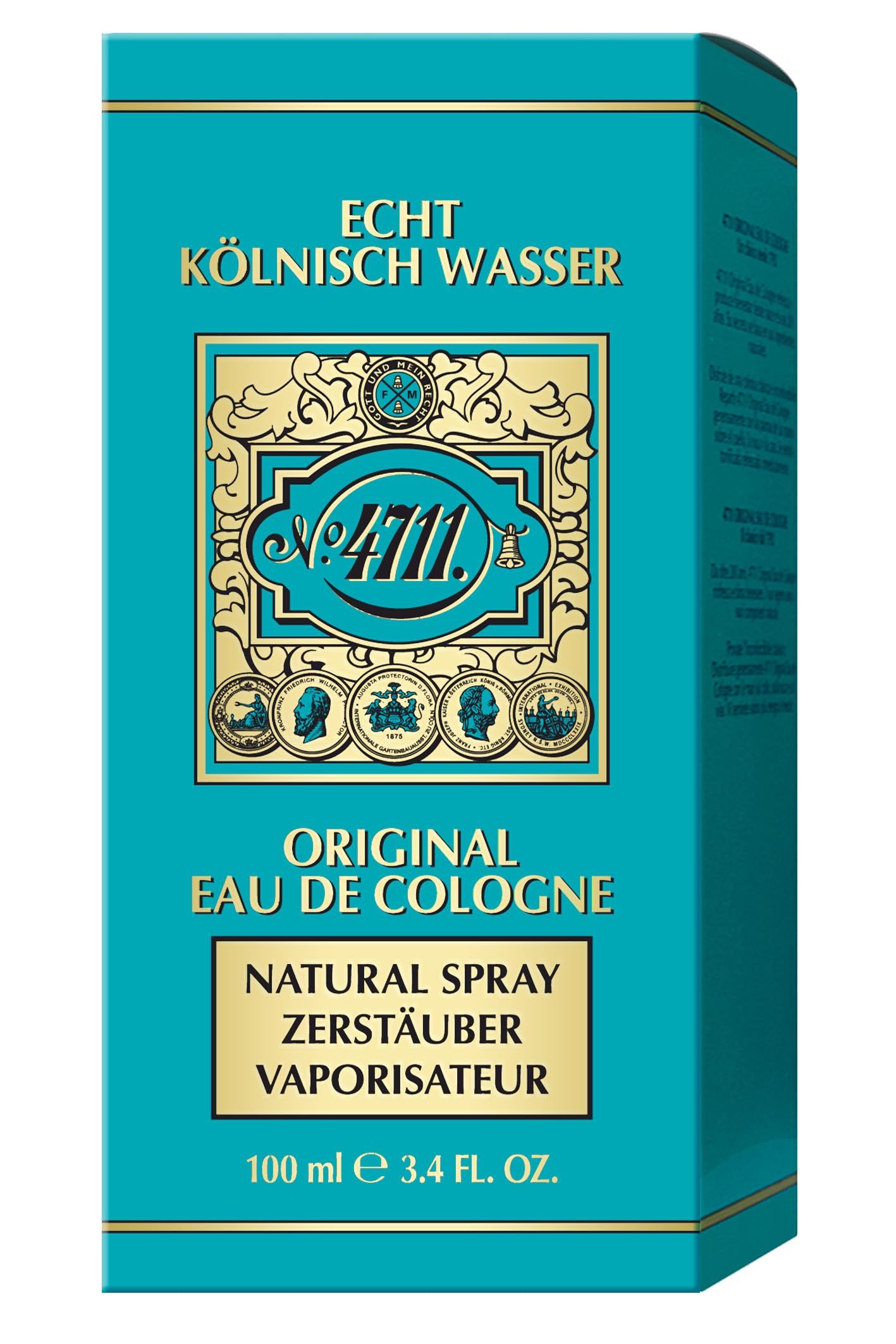 Scatola turchese con dettagli dorati. Scritta: Echt Kölnisch Wasser, Original Eau de Cologne.