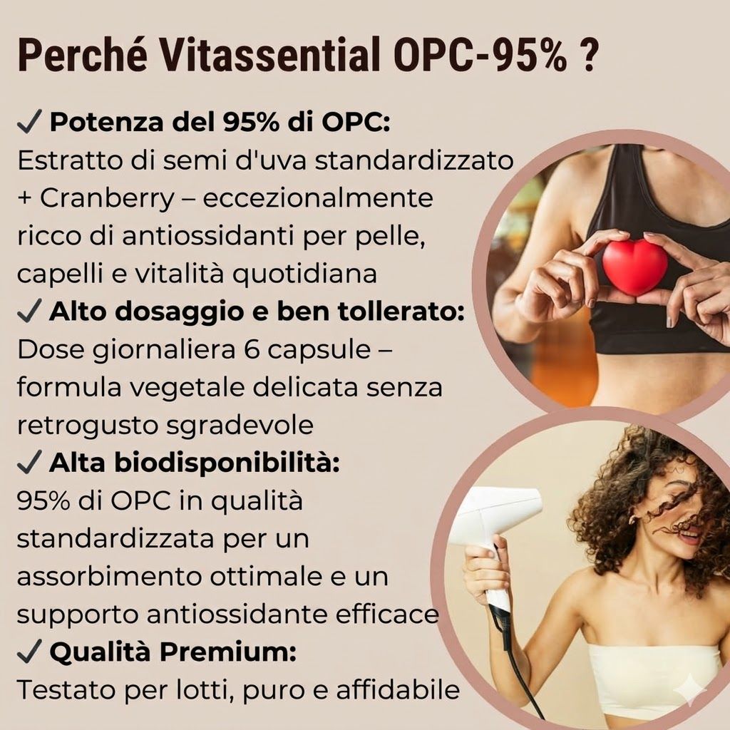 Confronto tra Vitassential e un altro prodotto. Vantaggi: 95% OPC, alta biodisponibilità, testato GMP.
