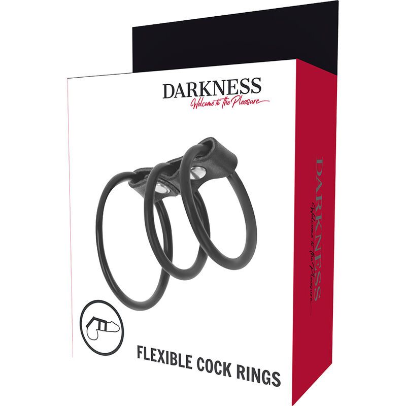 Confezione di tre anelli per pene neri e flessibili in silicone. Stampato "FLEXIBLE COCK RINGS".
