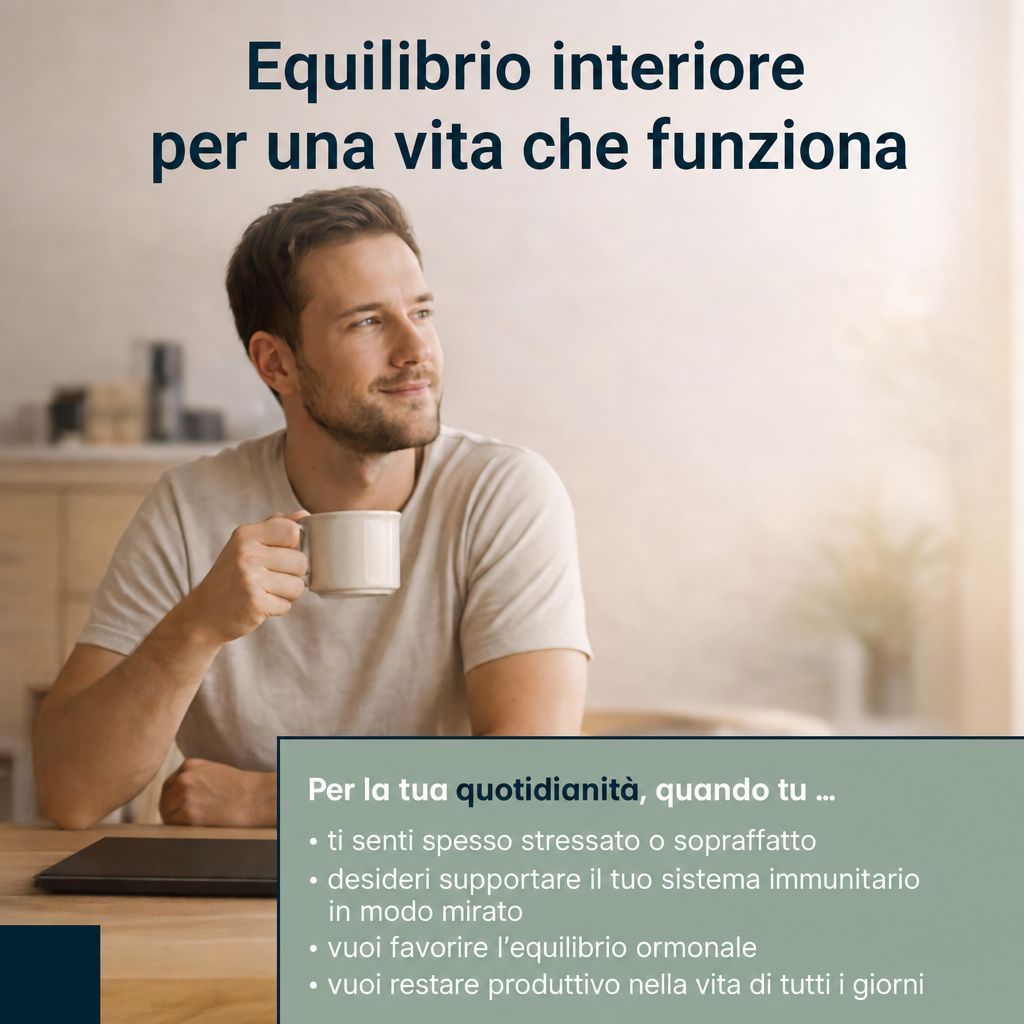 Uomo con tazza beve, seduto a un tavolo. Testo italiano: Equilibrio interiore per una vita che funziona.