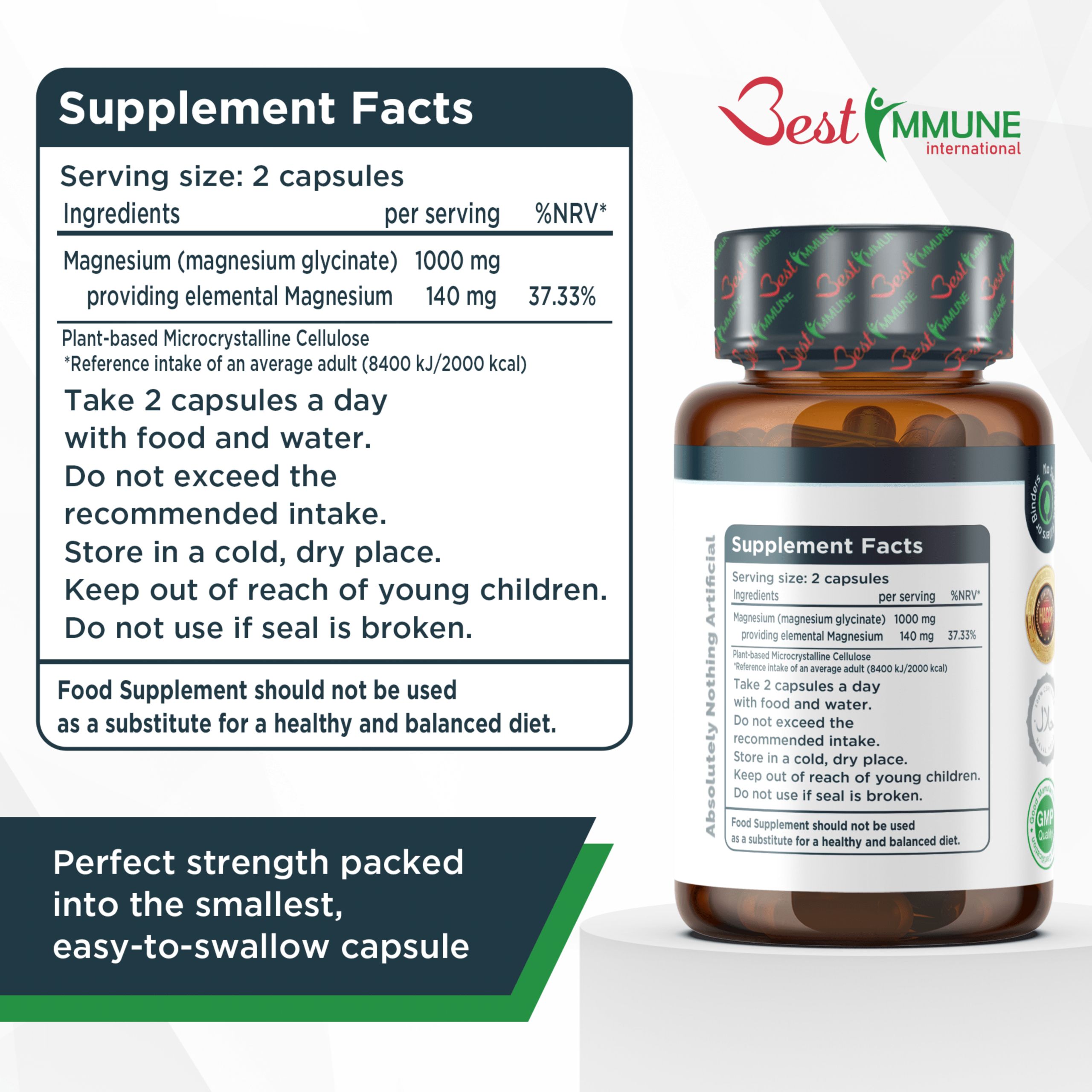 Tabella nutrizionale. Per porzione: Magnesium Glycinate 1000 mg. Contiene 140 mg di magnesio elementare. Istruzioni per l'uso.