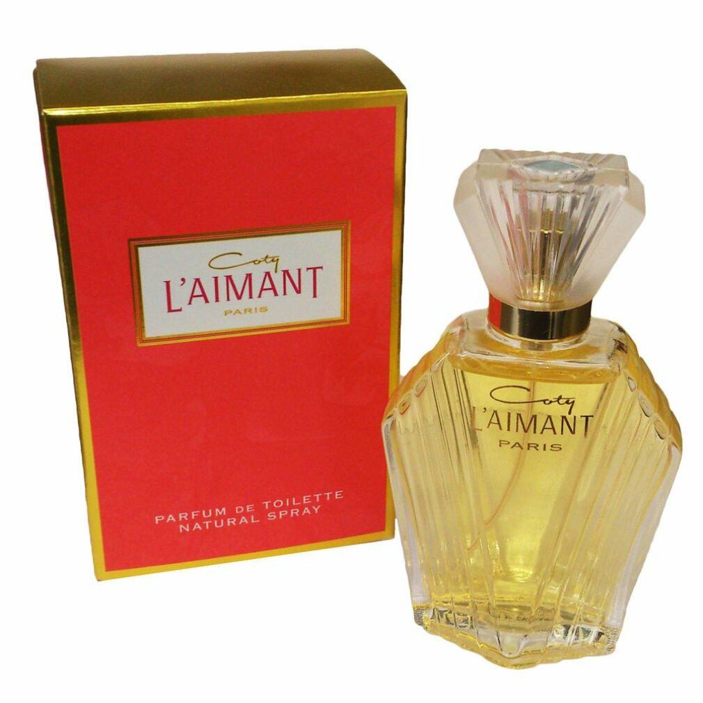 Coty L'Aimant Parfum de Toilette. Flacone e scatola rossa con dettagli dorati. Scritta.