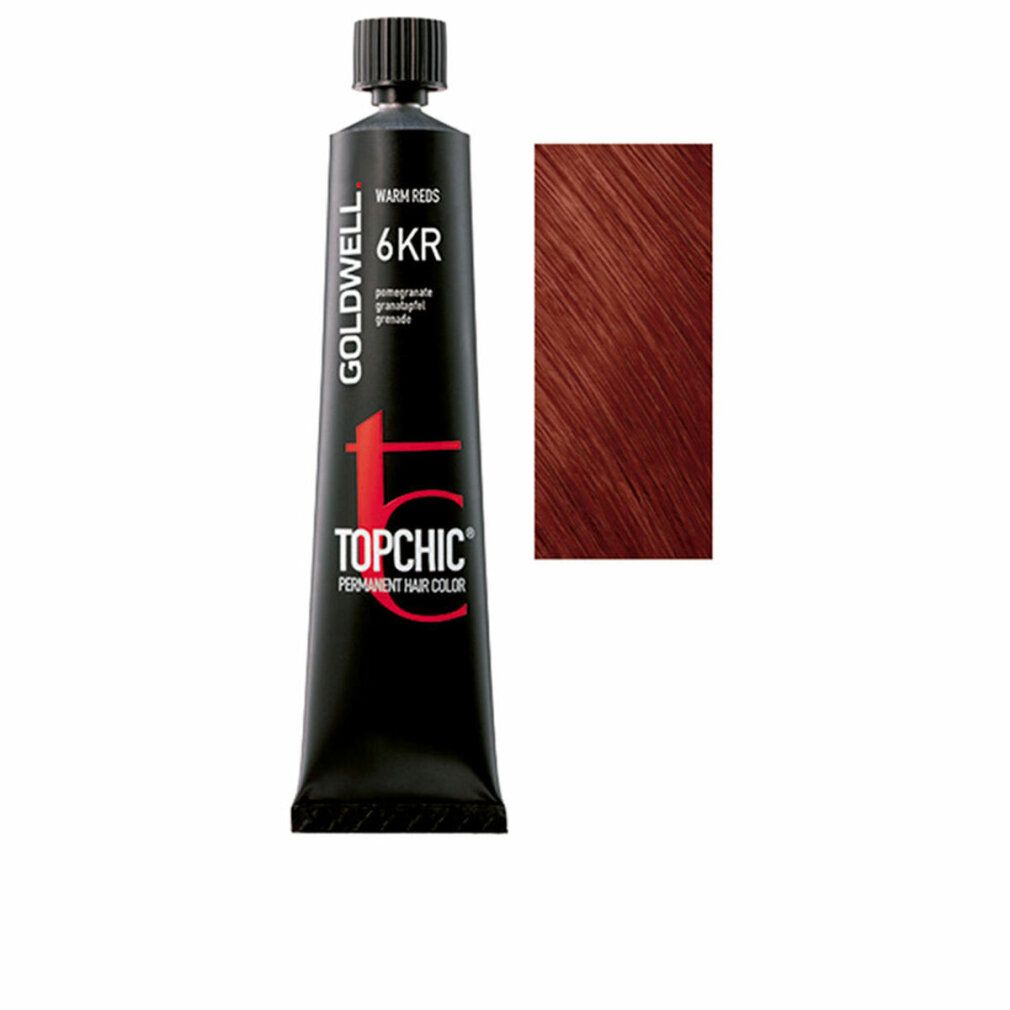 Tubo di tinta per capelli con campione colore. Goldwell Topchic, 6KR granatapfel. Tubo nero, testo rosso. Campione a destra.
