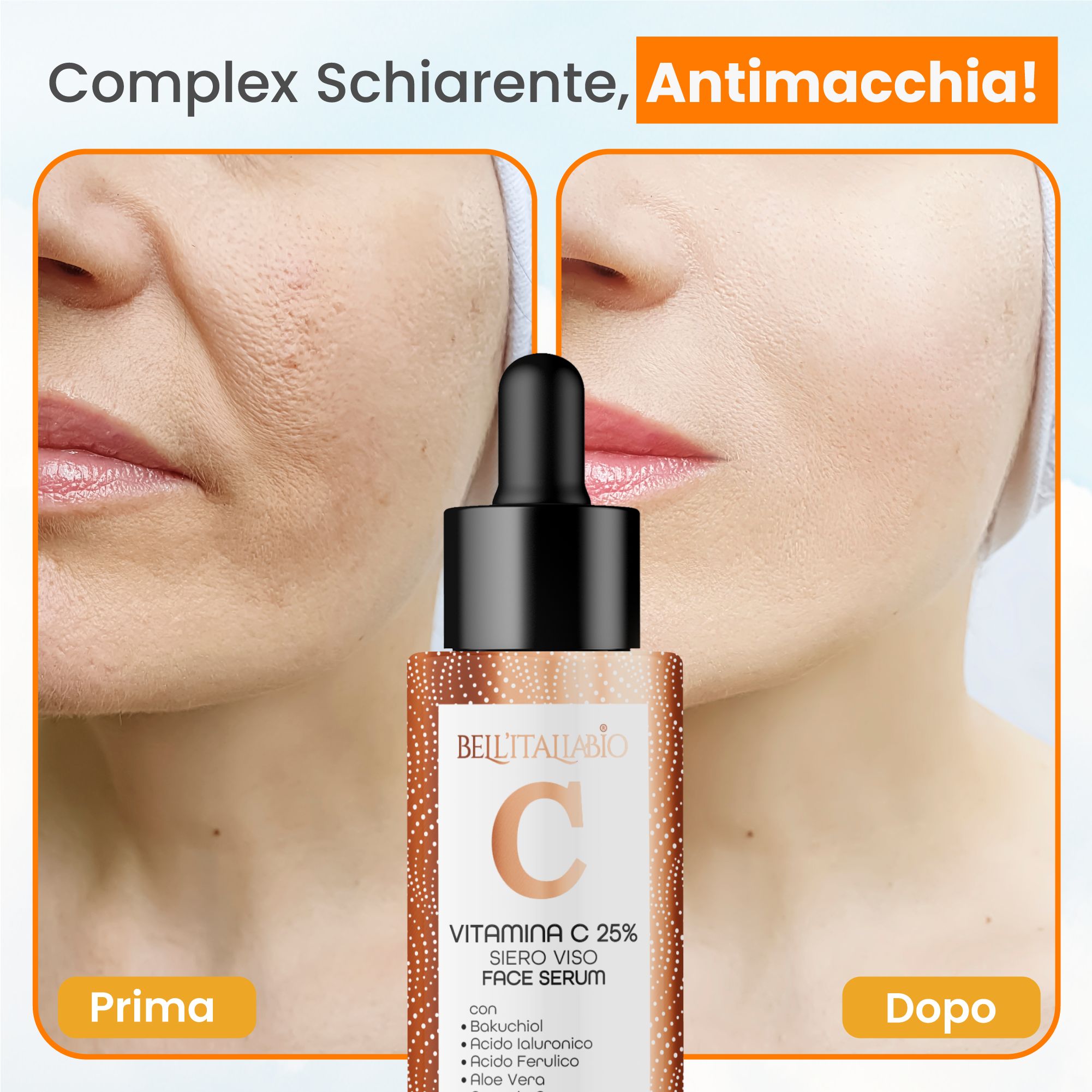 Confronto prima-dopo. Flacone di siero. Testo: Siero Vitamina C 25%, ingredienti, effetto prima-dopo. Logo: BellItaliabio.