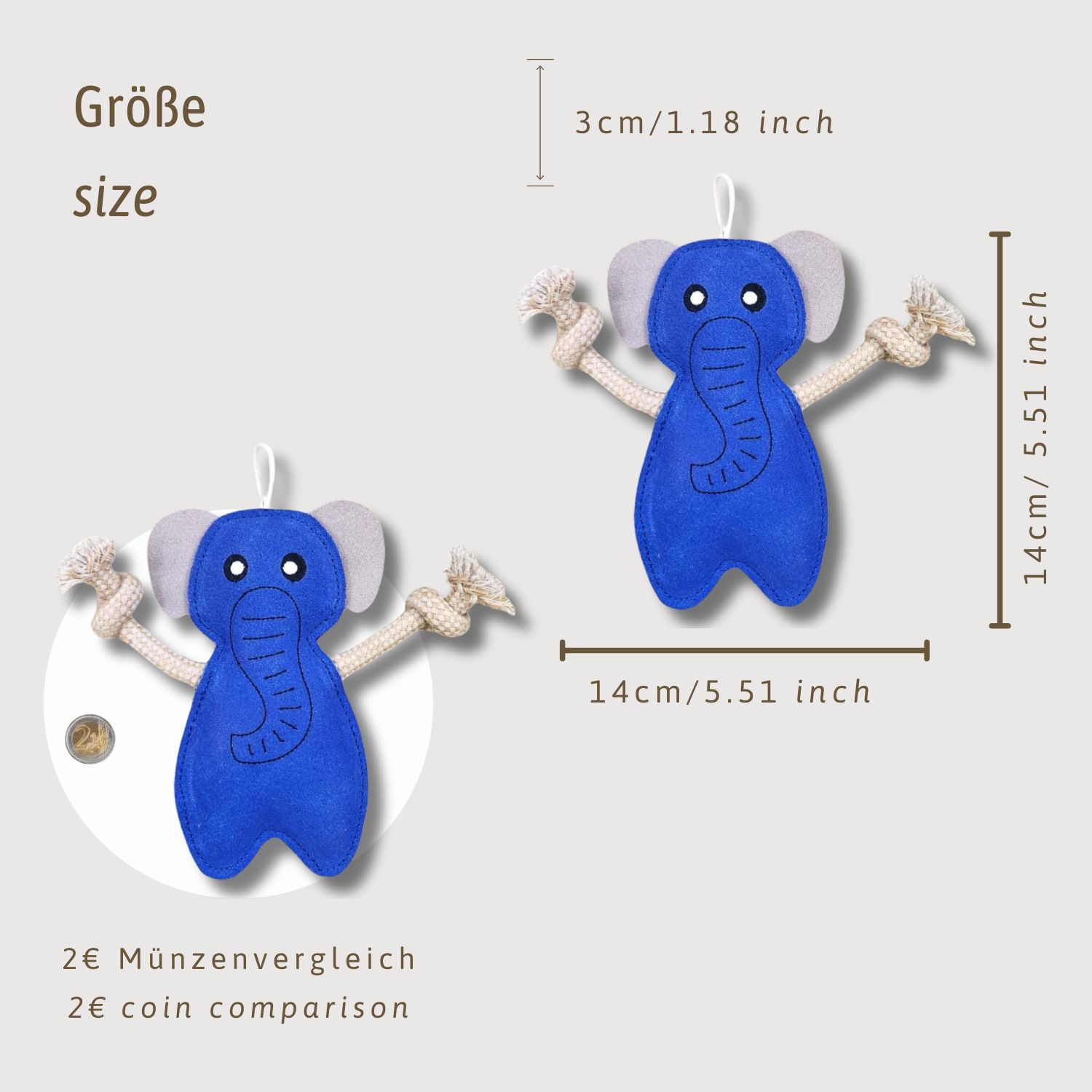 Immagine prodotto con dimensioni: giocattolo elefante, 14x14cm, 3cm di spessore. Confronto con moneta da 2€.