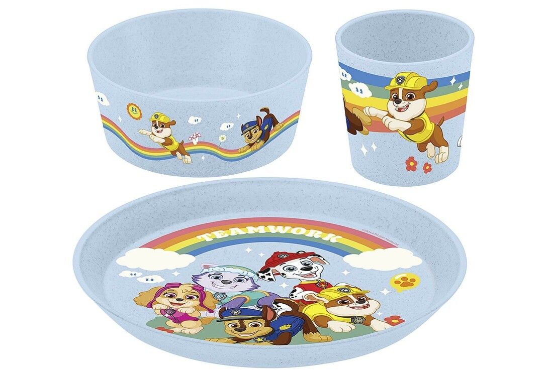 Set di stoviglie per bambini in tre pezzi. Include ciotola, tazza e piatto. Blu chiaro con motivi Paw Patrol e arcobaleno.